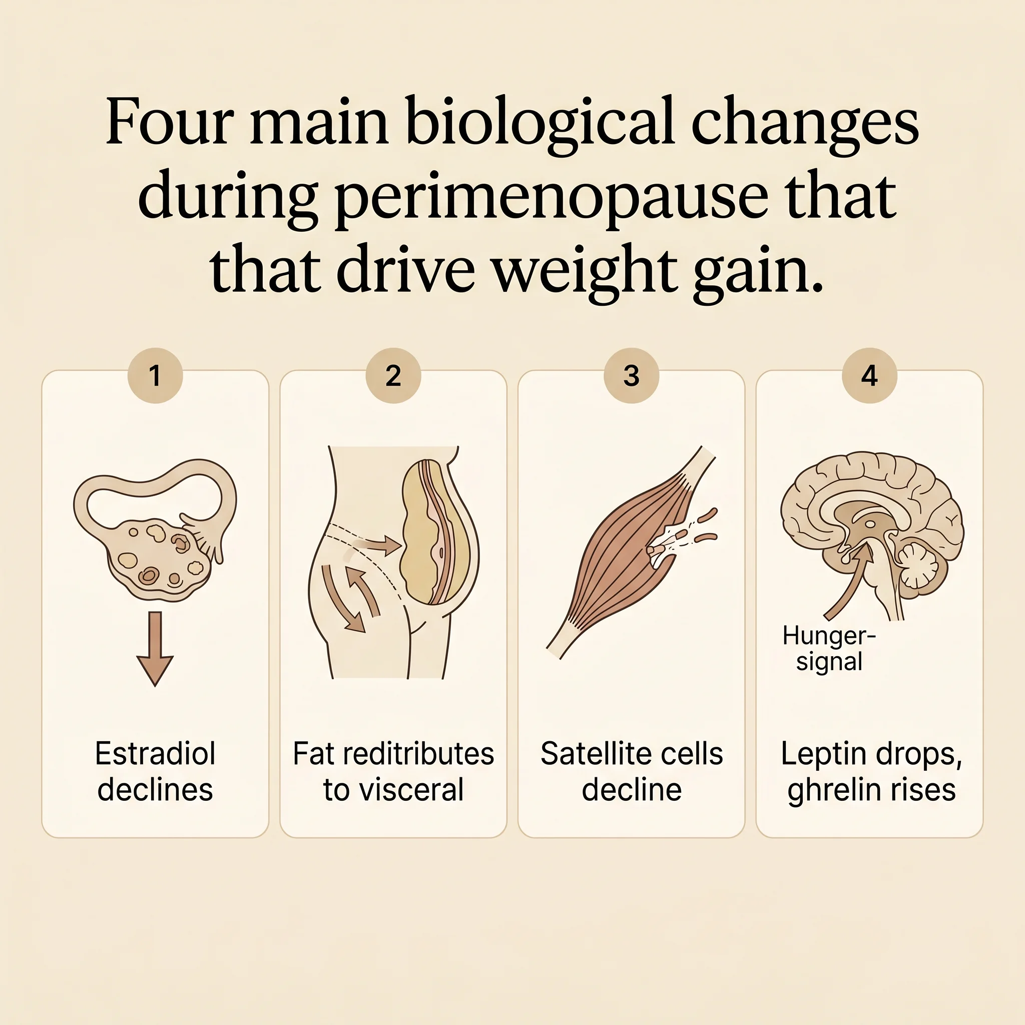Infographic showing four perimenopause biological changes: estradiol decline, visceral fat redistribution, muscle satellite cell loss, leptin and ghrelin shift