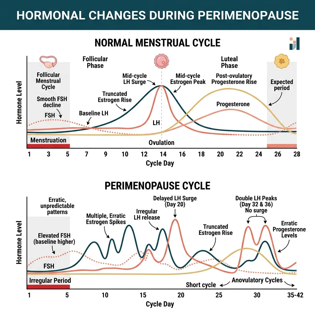 Infographic comparing normal menstrual cycle hormone patterns with the erratic hormonal fluctuations seen during perimenopause including delayed surges and double peaks
