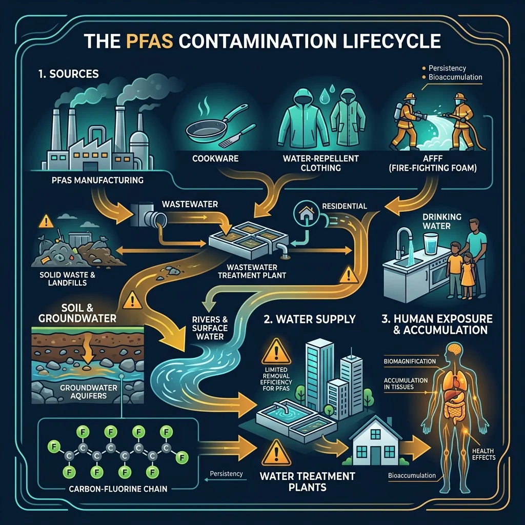 Infographic showing how PFAS chemicals travel from manufacturing through water systems into the human body