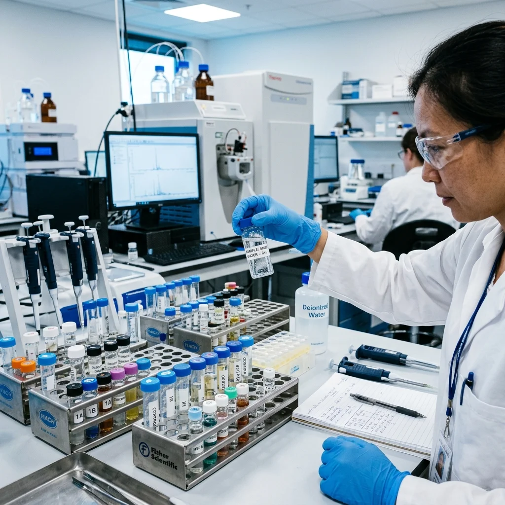 Researcher analyzing water samples for PFAS contamination in a laboratory with mass spectrometry equipment