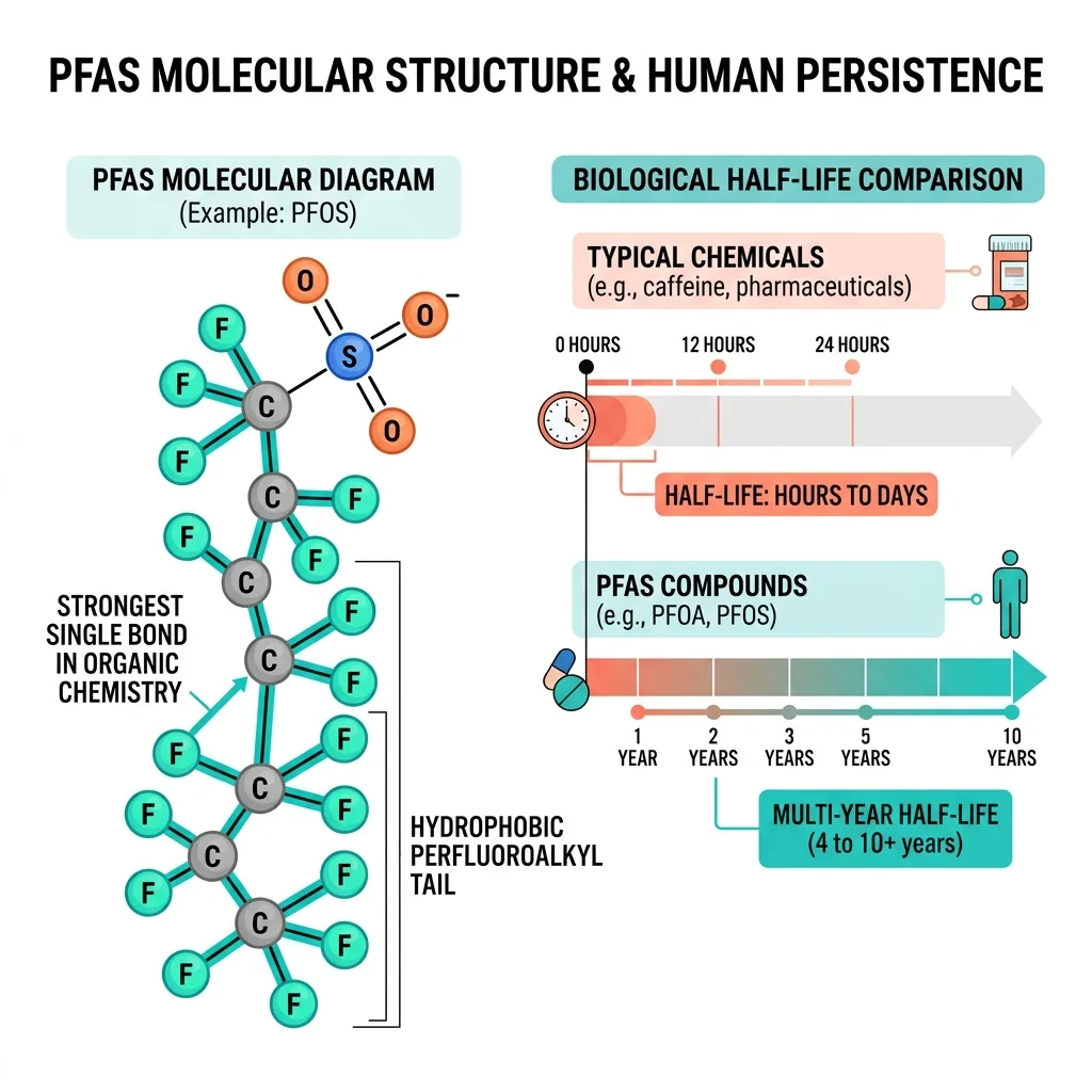 Diagram comparing the multi-year half-life of PFAS molecules in the human body to the hours-long clearance of typical chemicals