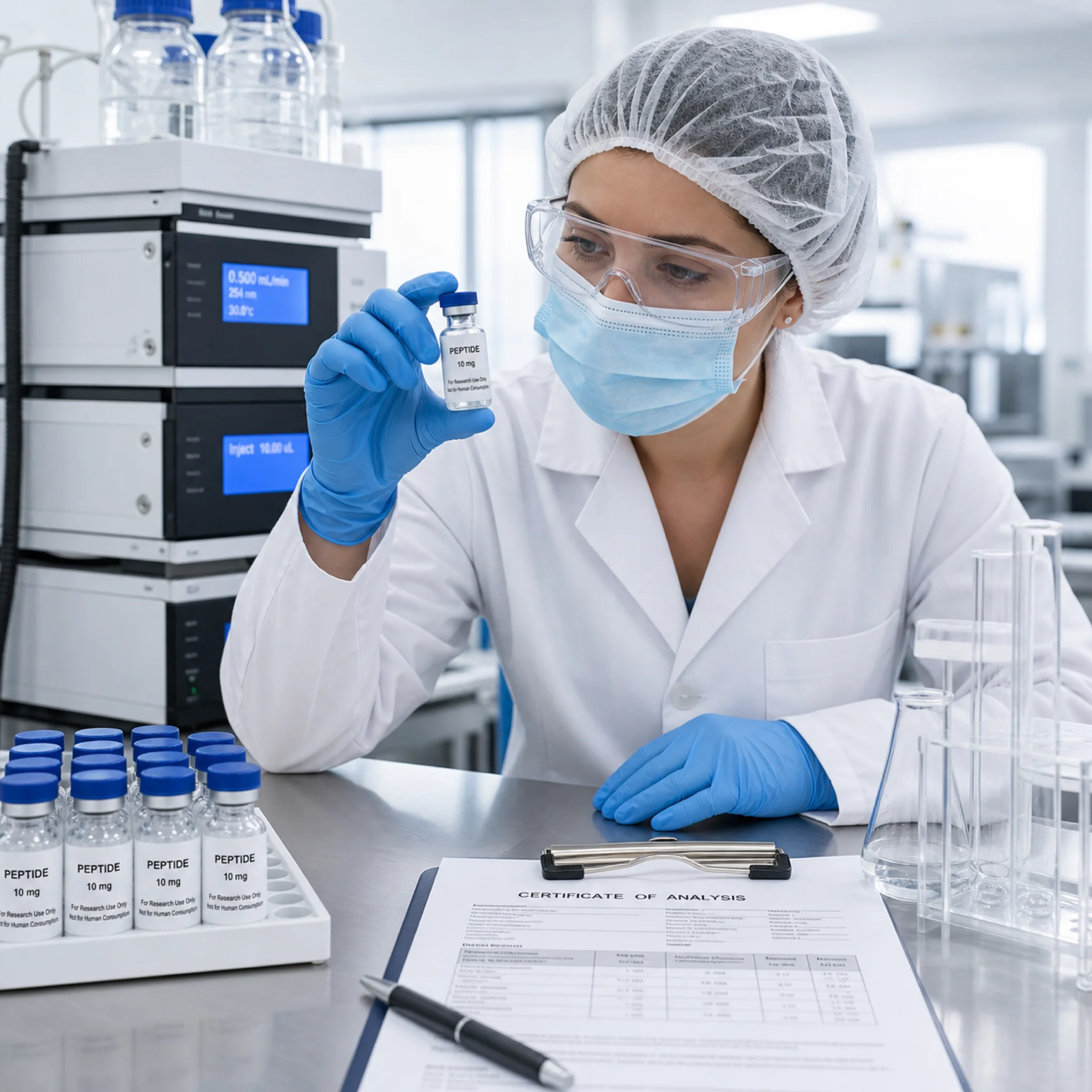 Pharmaceutical laboratory quality testing of peptide compounds for purity and safety