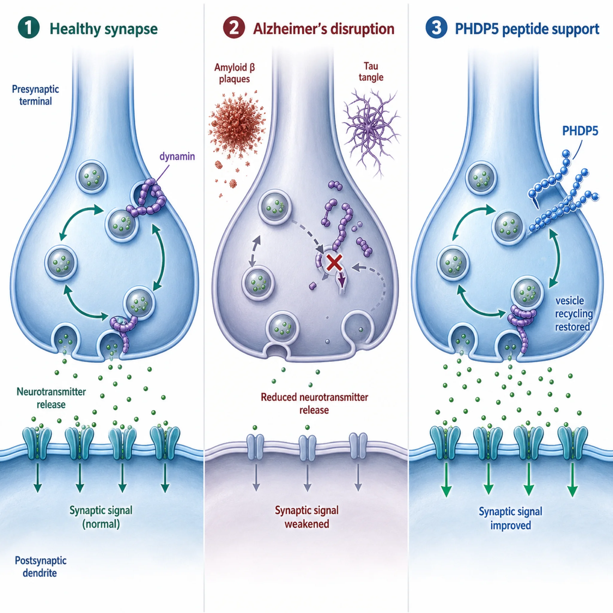 Infographic showing how PHDP5 peptide restores synaptic vesicle recycling disrupted by tau pathology in Alzheimer