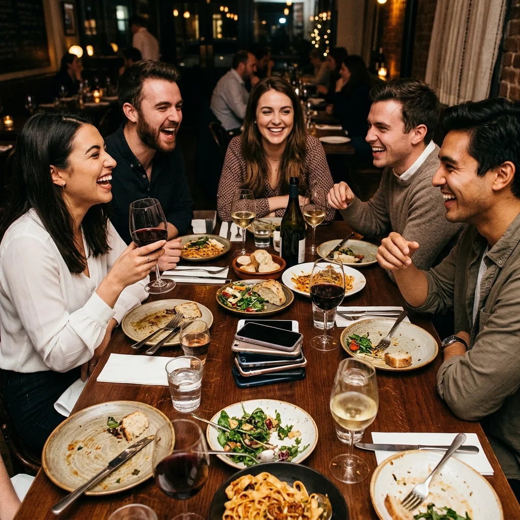 Friends laughing at a dinner table with their phones stacked in a pile at the center