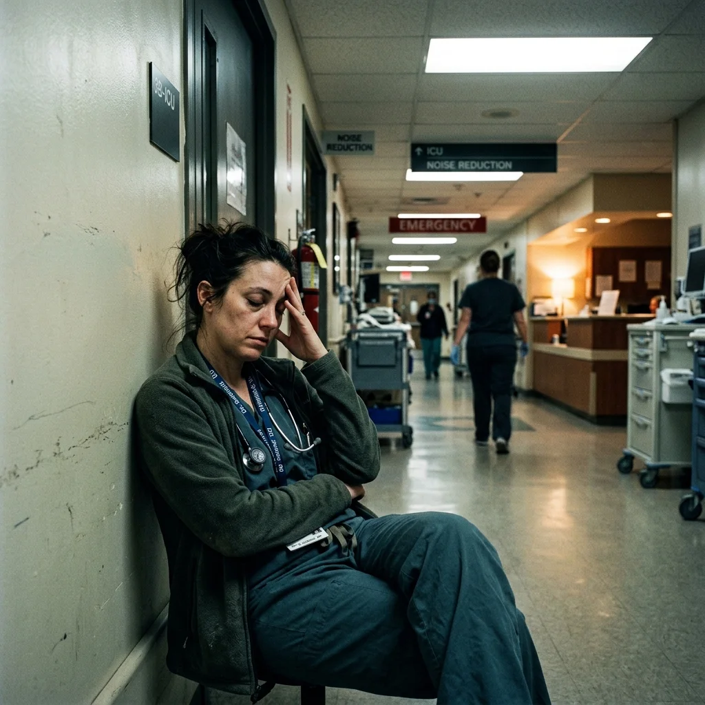 Exhausted physician leaning against hospital wall during night shift