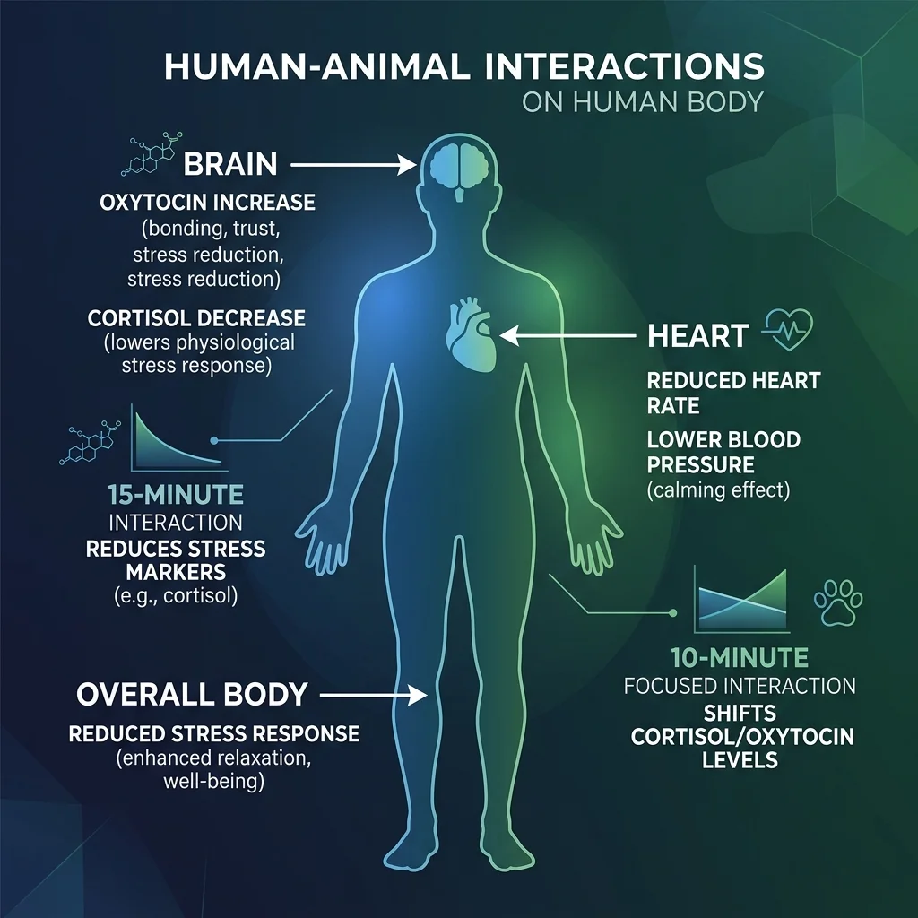 Infographic showing physiological effects of human-animal interaction including reduced cortisol, increased oxytocin, lower blood pressure and heart rate