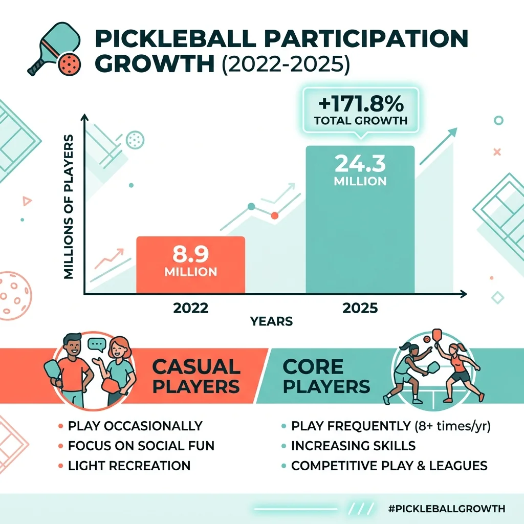 Infographic showing pickleball participation growth from 8.9 million to 24.3 million players between 2022 and 2025, a 171.8 percent increase