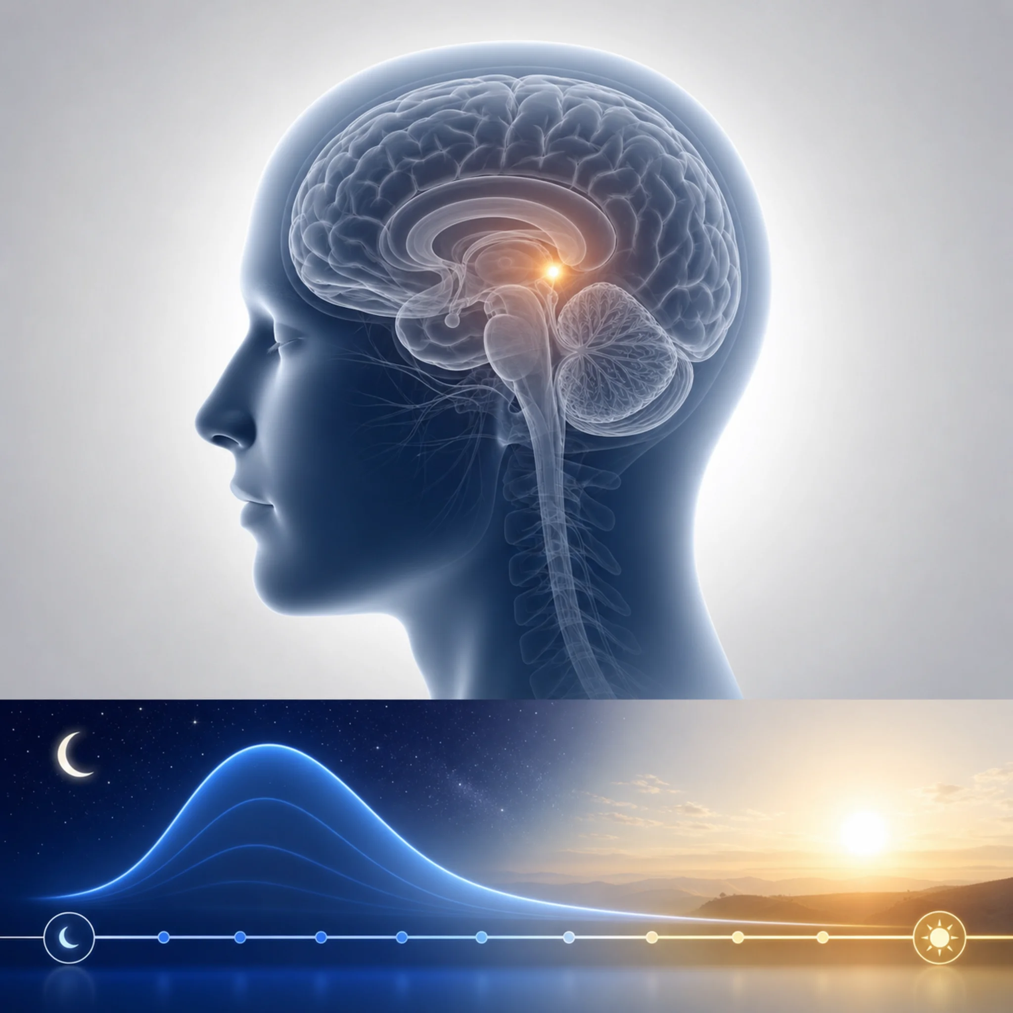 Pineal gland and melatonin rhythm illustrated across night and day