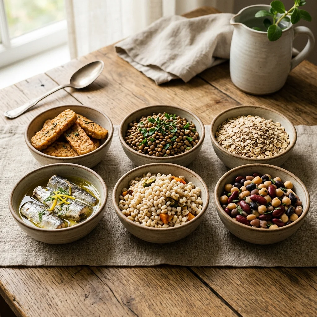 Tempeh lentils oats sardines barley and beans arranged as peptide-supportive foods