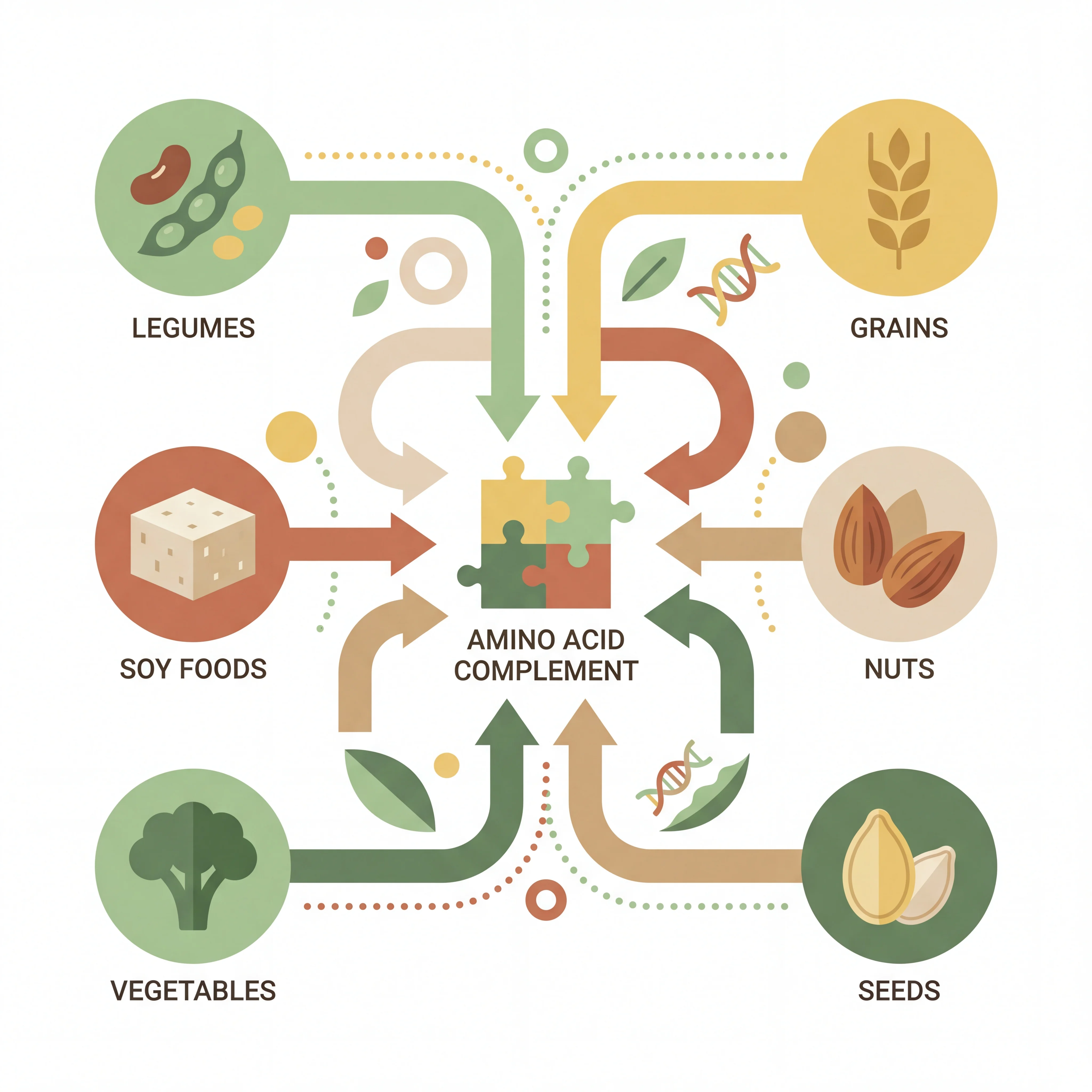 Infographic-style chart showing legumes, grains, soy foods, nuts, and seeds working together to improve amino acid balance