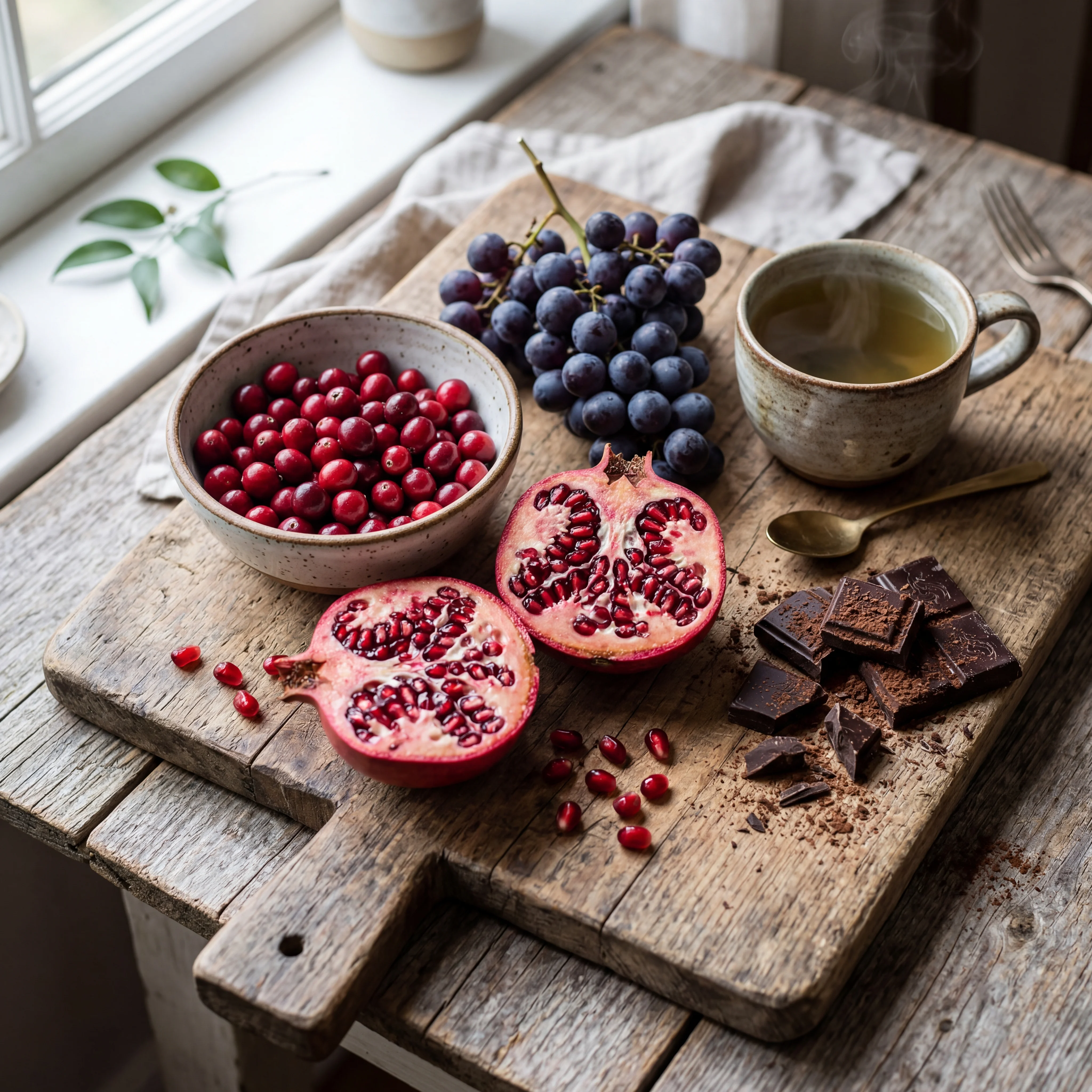 Colorful arrangement of polyphenol-rich foods including pomegranates, dark grapes, cranberries, green tea, and dark chocolate on a wooden cutting board