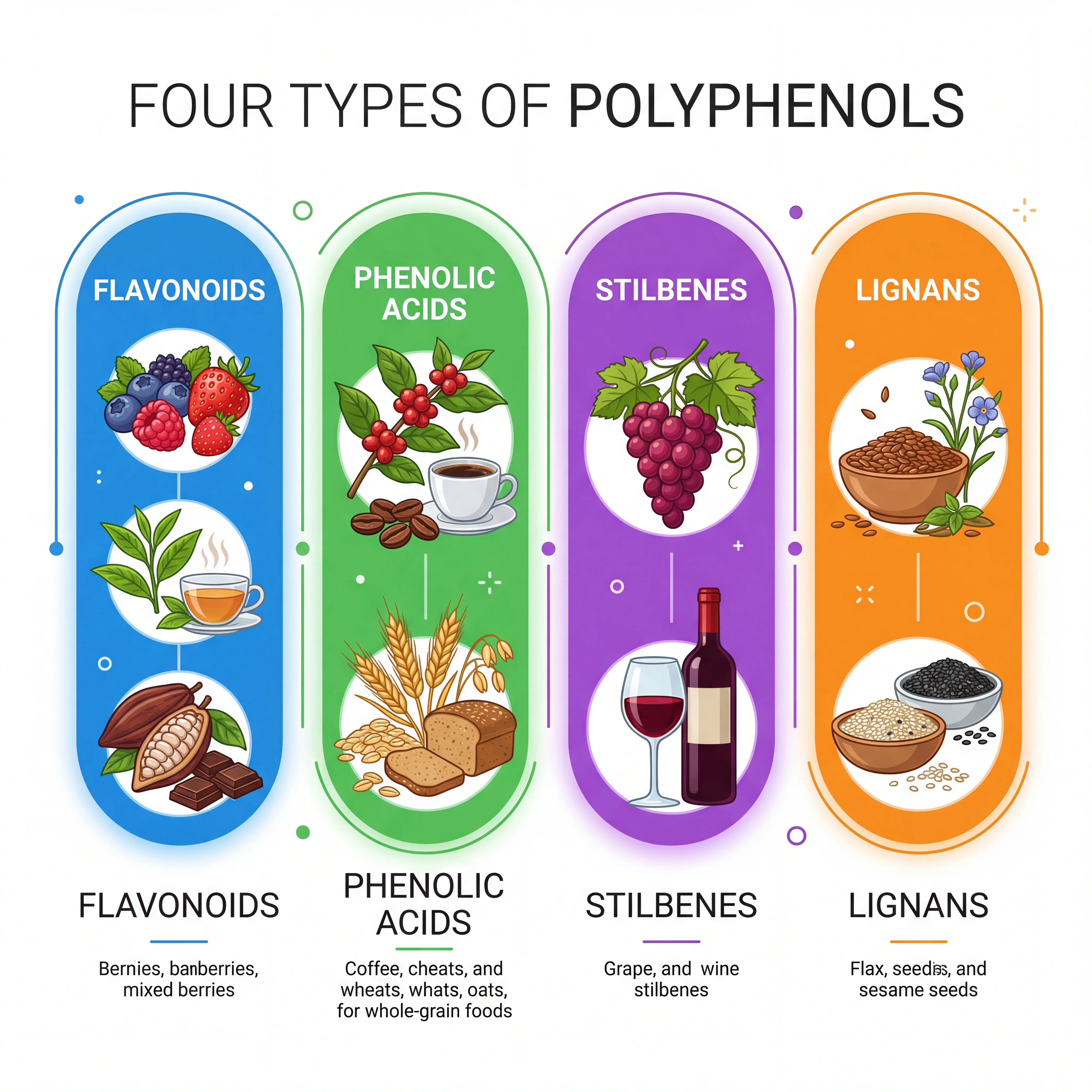 Infographic showing four types of polyphenols — flavonoids, phenolic acids, stilbenes, and lignans — with food source examples for each category