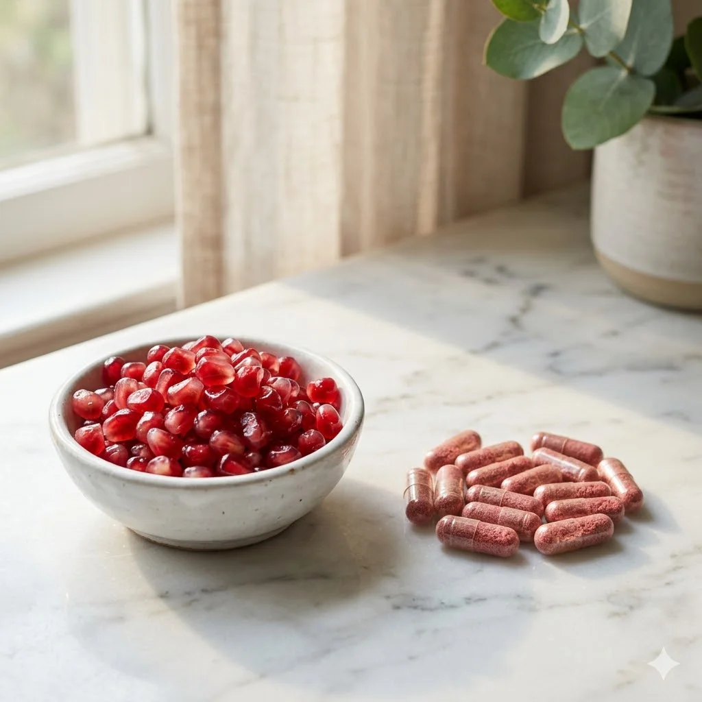 Side-by-side comparison of fresh pomegranate arils next to urolithin A supplement capsules