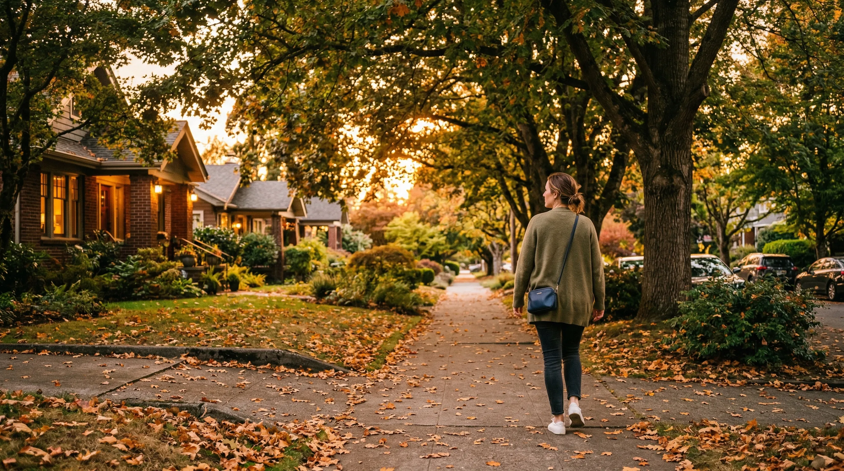 Person walking on a tree-lined neighborhood sidewalk in the evening after dinner