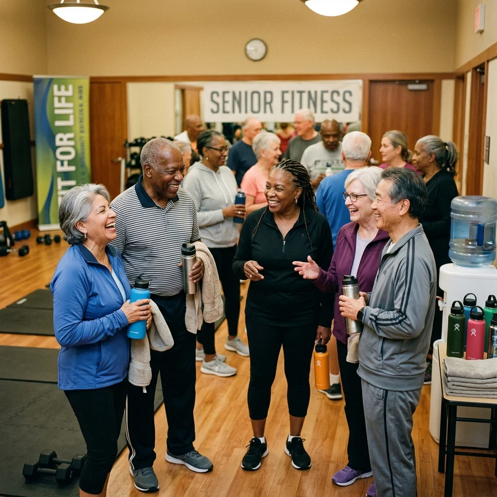 Older adults socializing and laughing together after a group exercise class at a community center
