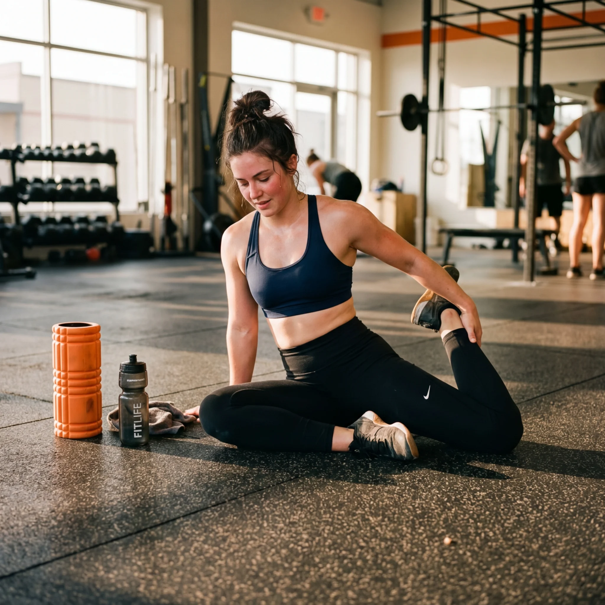 Person stretching on a gym floor with foam roller and water bottle nearby after training