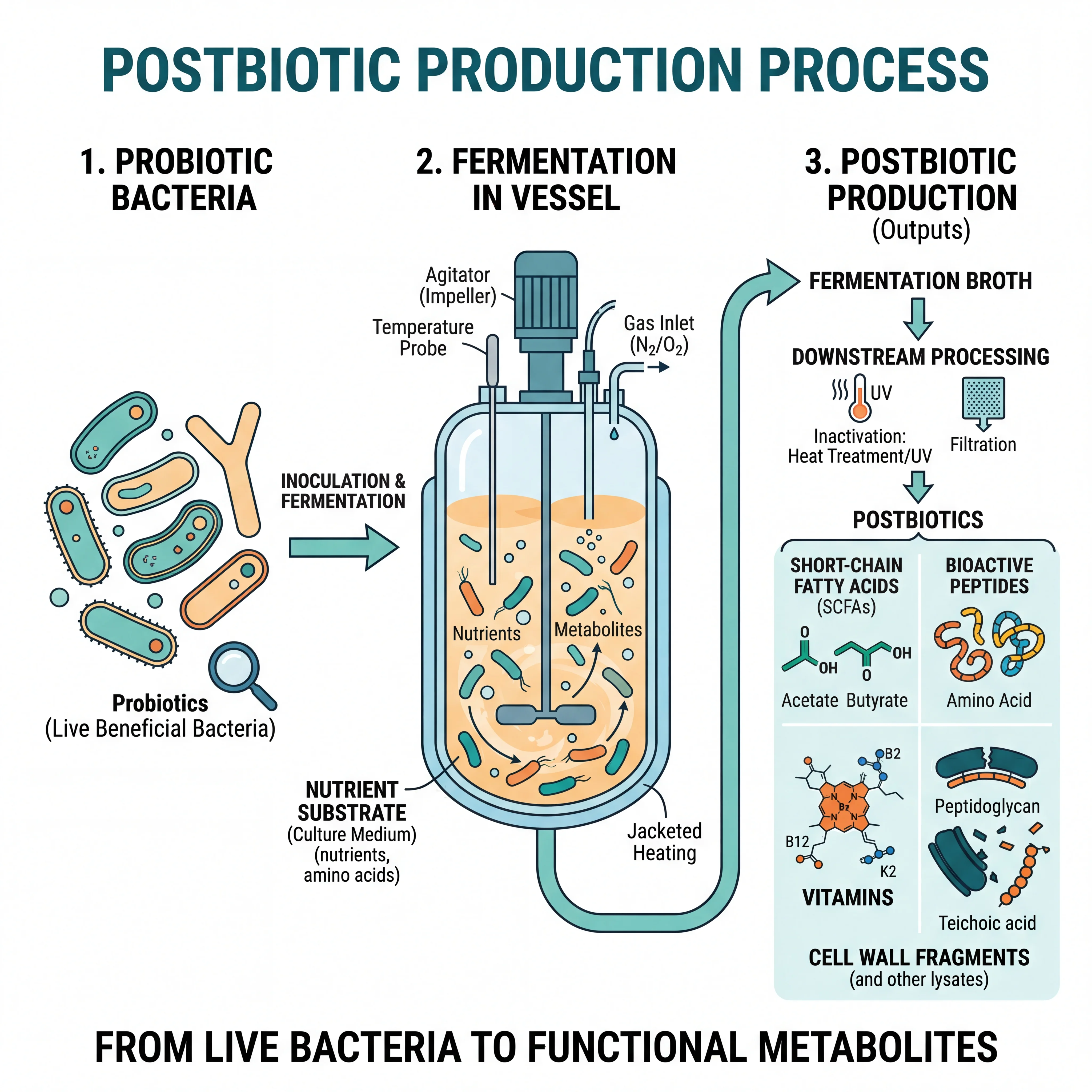 Diagram illustrating how postbiotics are produced from probiotic fermentation and bacterial metabolism