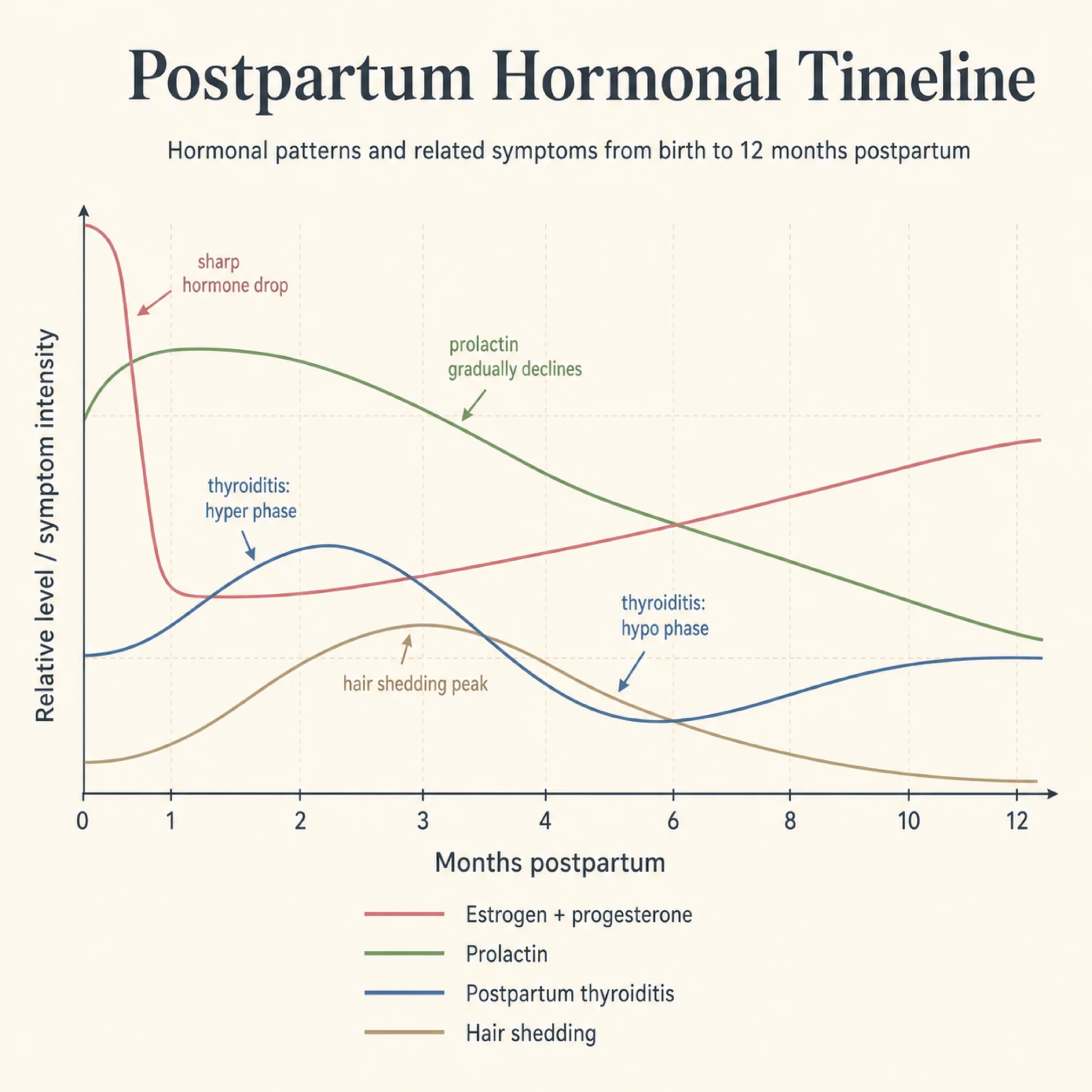 Infographic showing the postpartum hormonal timeline including estrogen and progesterone drop, prolactin decline, postpartum thyroiditis biphasic course, and telogen effluvium peak