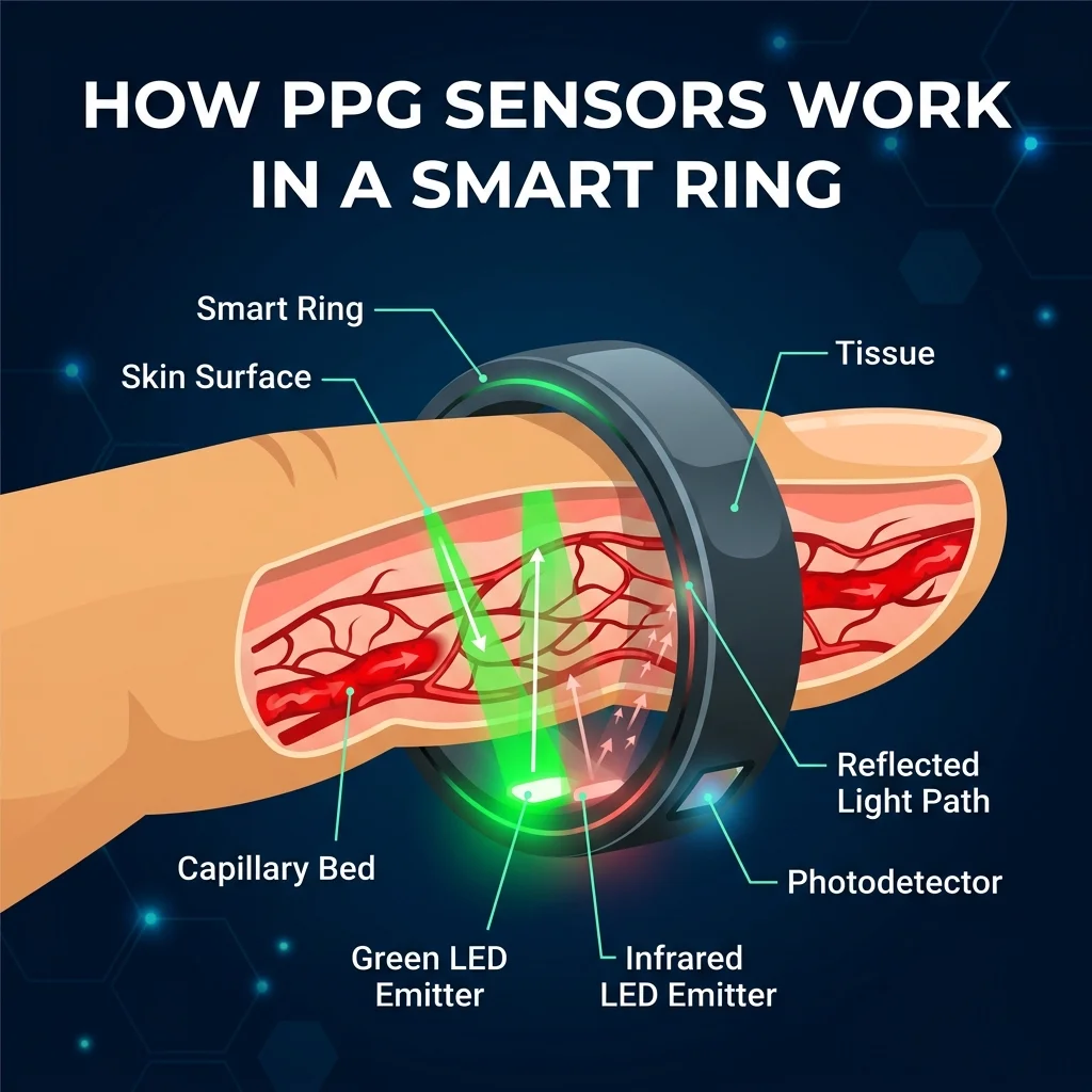 Infographic showing how photoplethysmography sensors in smart rings measure heart rate through finger capillaries