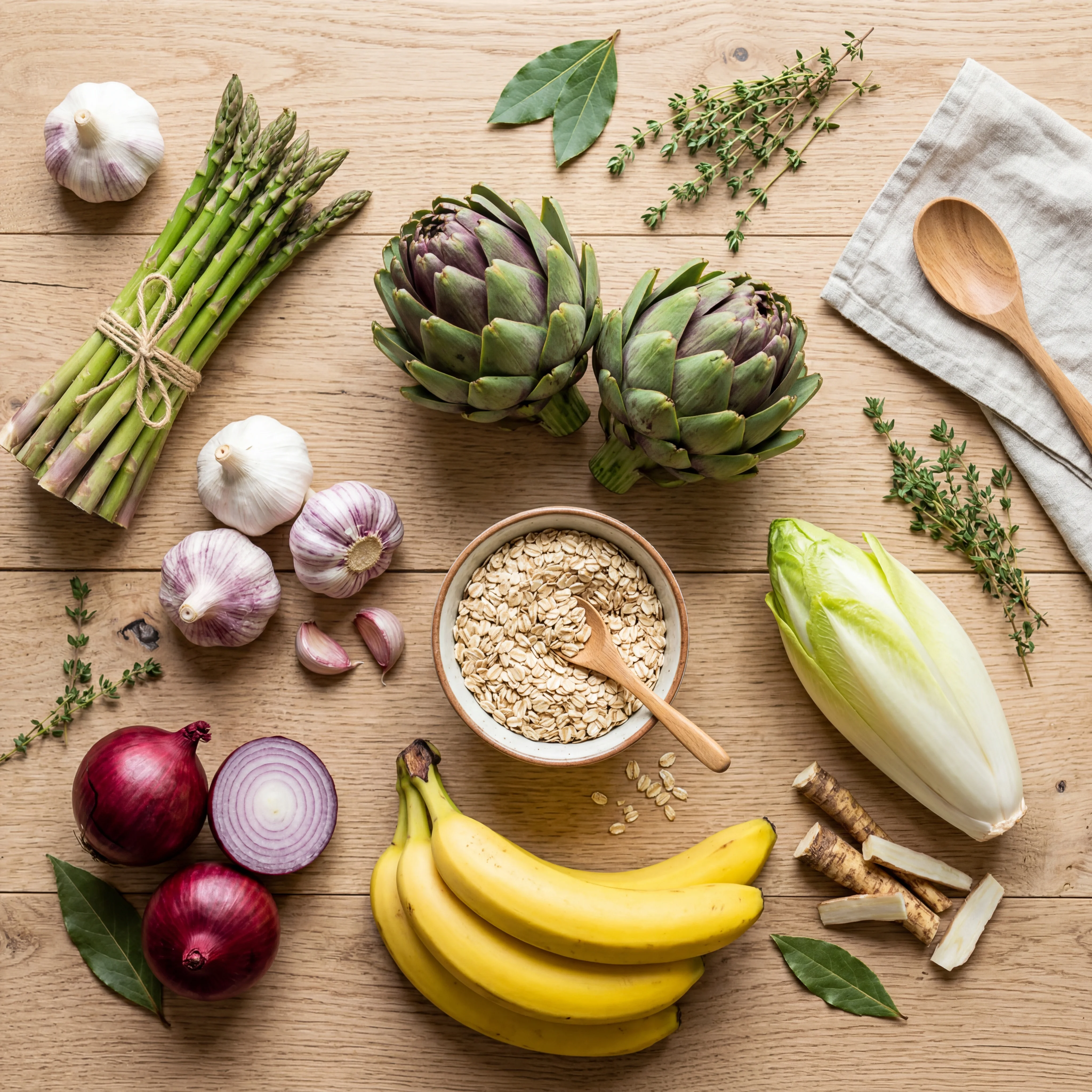 Colorful arrangement of prebiotic-rich foods including garlic, onions, asparagus, bananas, and chicory root