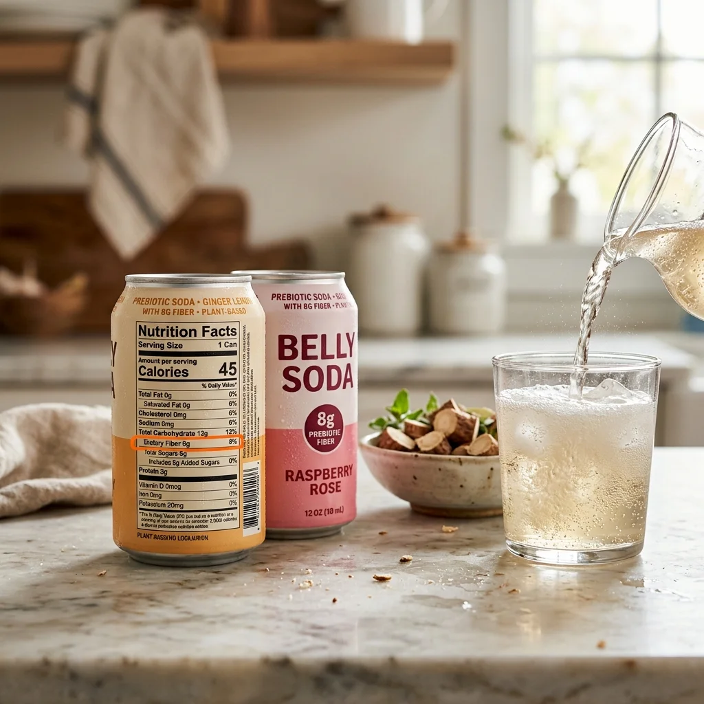 Two prebiotic soda cans on a kitchen counter beside chicory root, with one can's nutrition label visible showing fiber content
