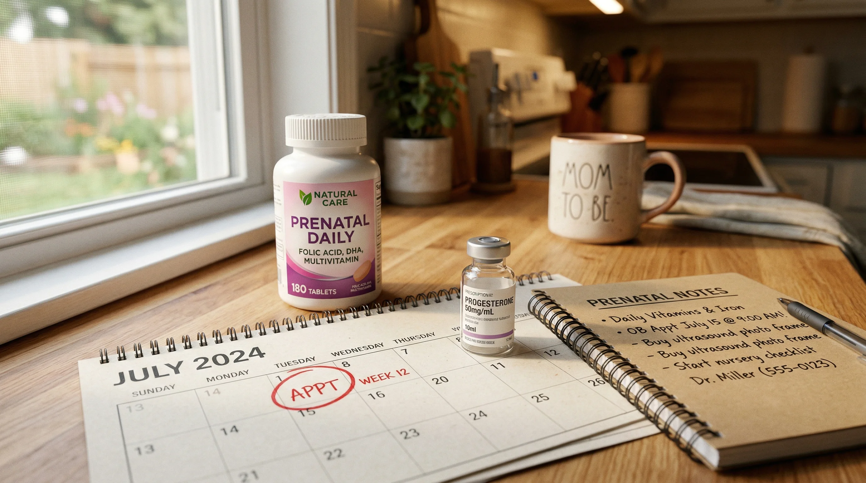 Prenatal vitamins, calendar with circled date, and medication arranged on a counter suggesting pregnancy planning