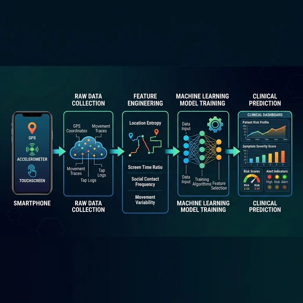 Technical pipeline diagram showing how smartphone sensor data flows through feature engineering and machine learning to produce clinical mental health predictions