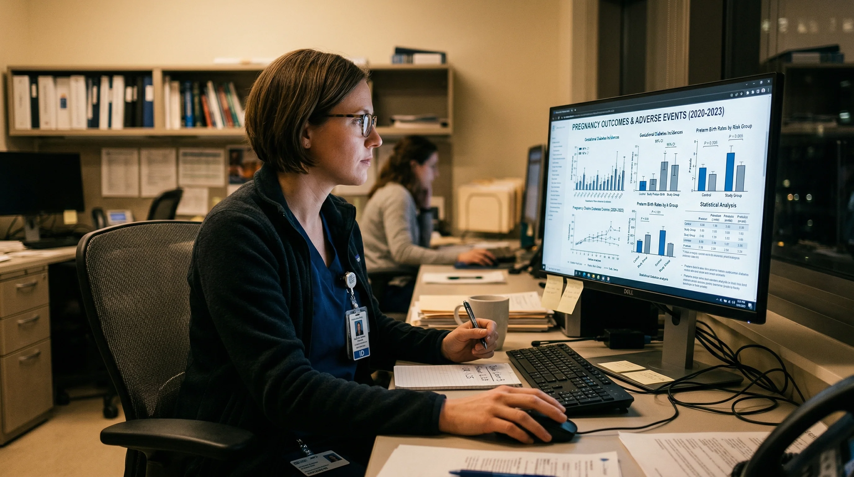 Medical researcher reviewing pregnancy outcome data on a computer monitor in a hospital research office