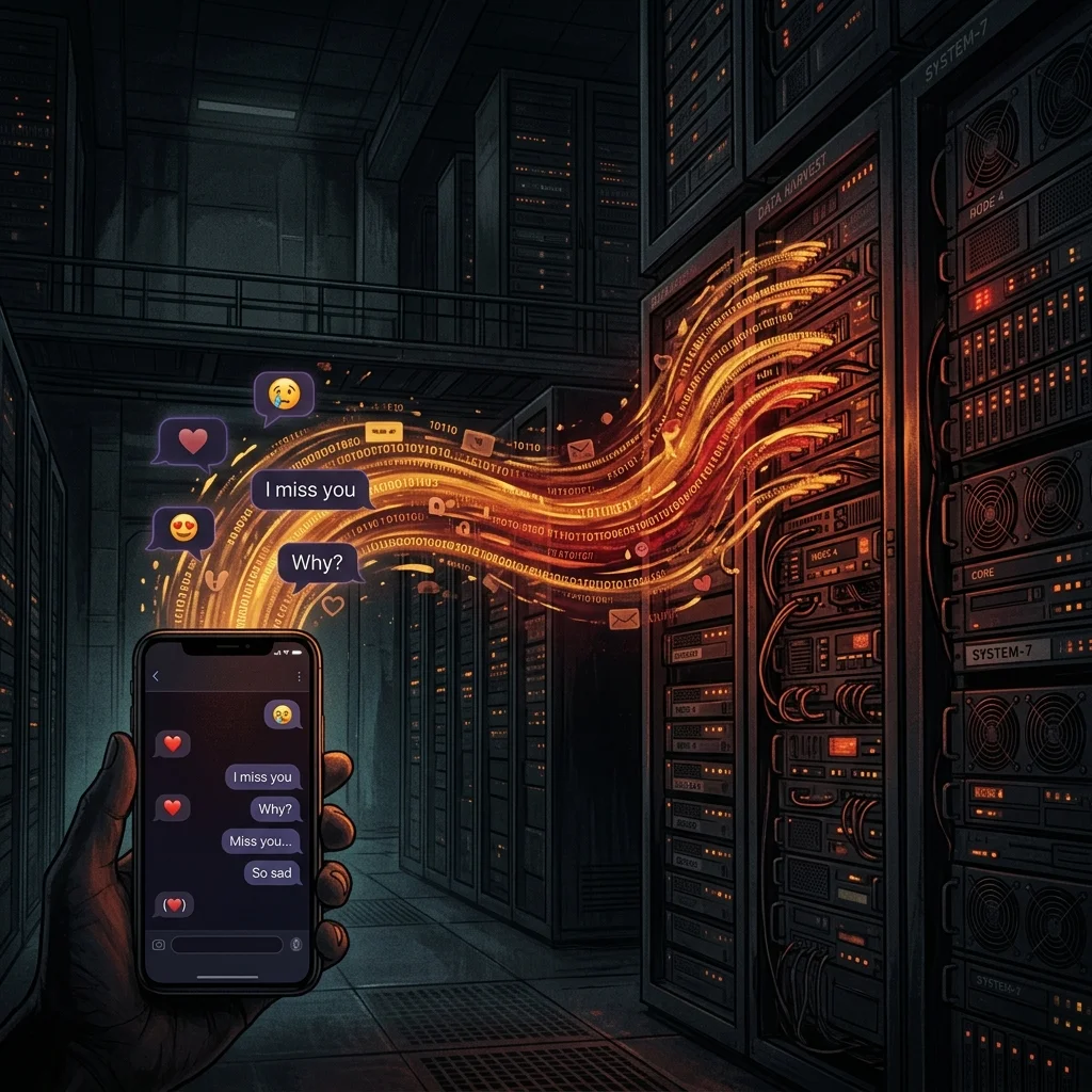 Conceptual illustration of personal therapy chat messages being collected as corporate data