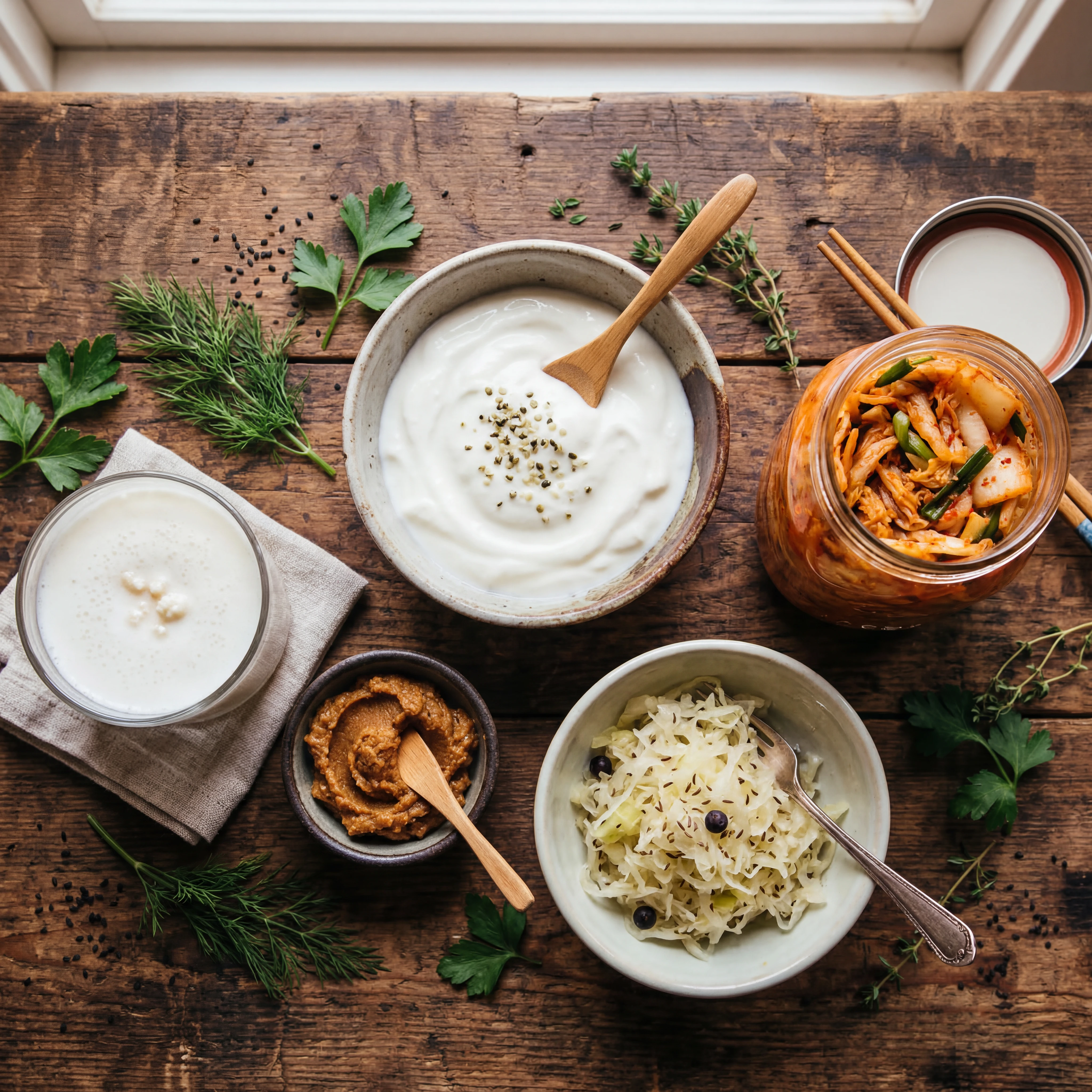 Arrangement of fermented probiotic-rich foods including yogurt, kimchi, sauerkraut, kefir, and miso on a wooden surface