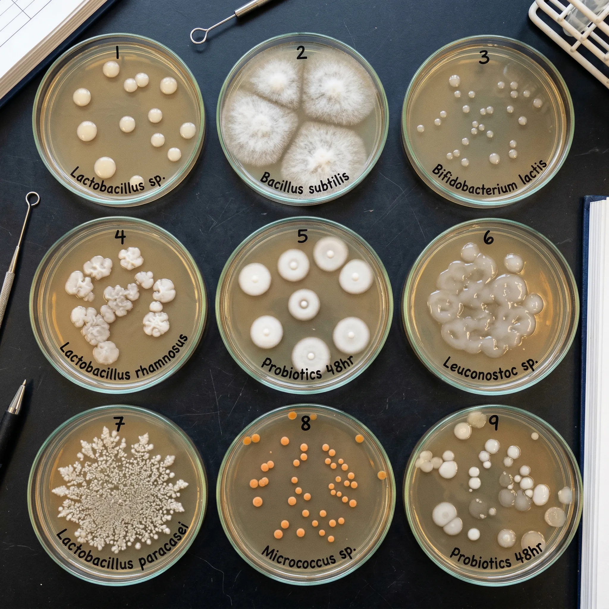Close-up of different probiotic bacterial colonies growing on agar plates with distinct morphologies and colors
