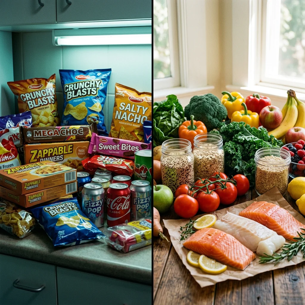 Split comparison showing ultra-processed packaged foods on one side and whole unprocessed vegetables fruits and grains on the other