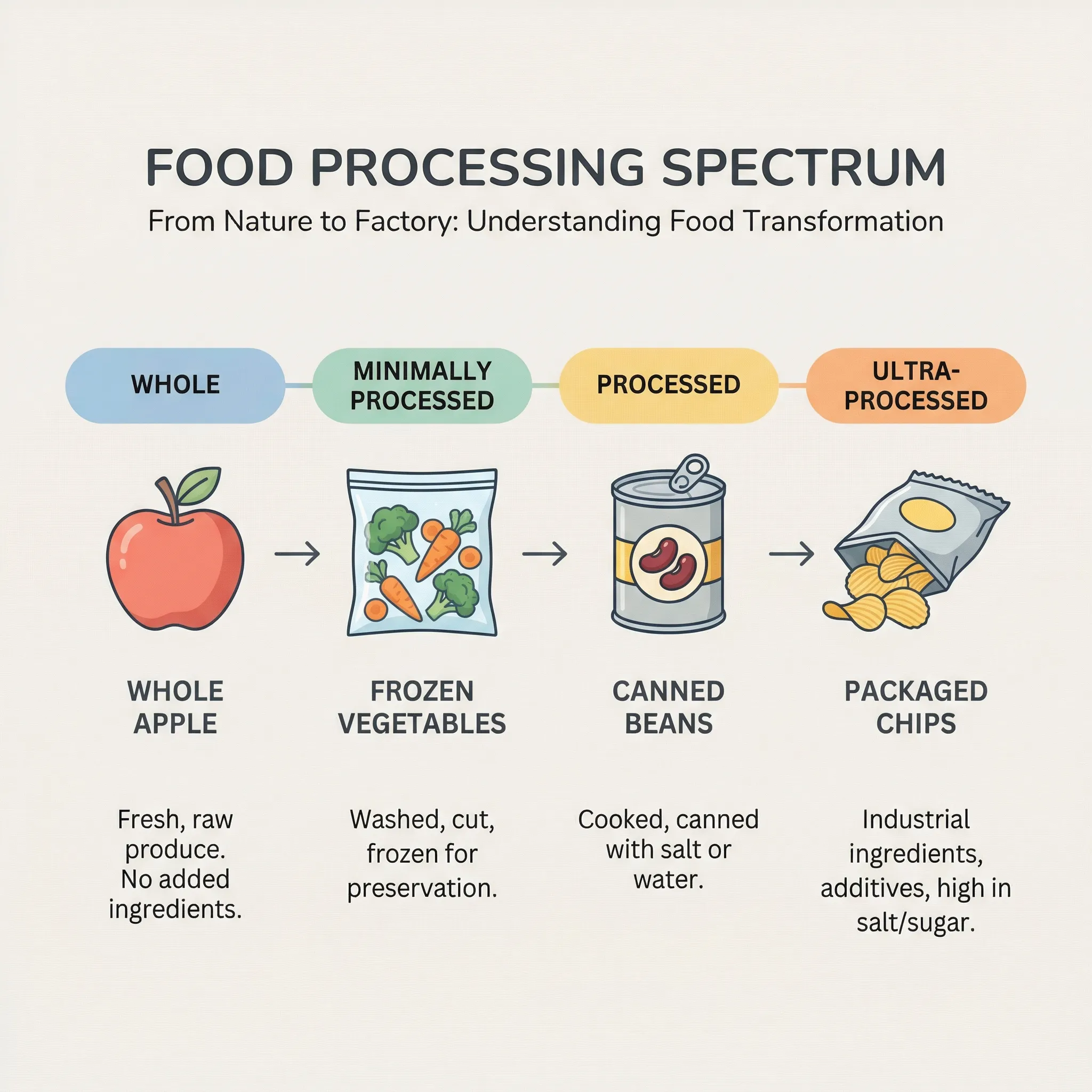 Infographic showing the processing spectrum from whole foods to ultra-processed foods with examples at each stage