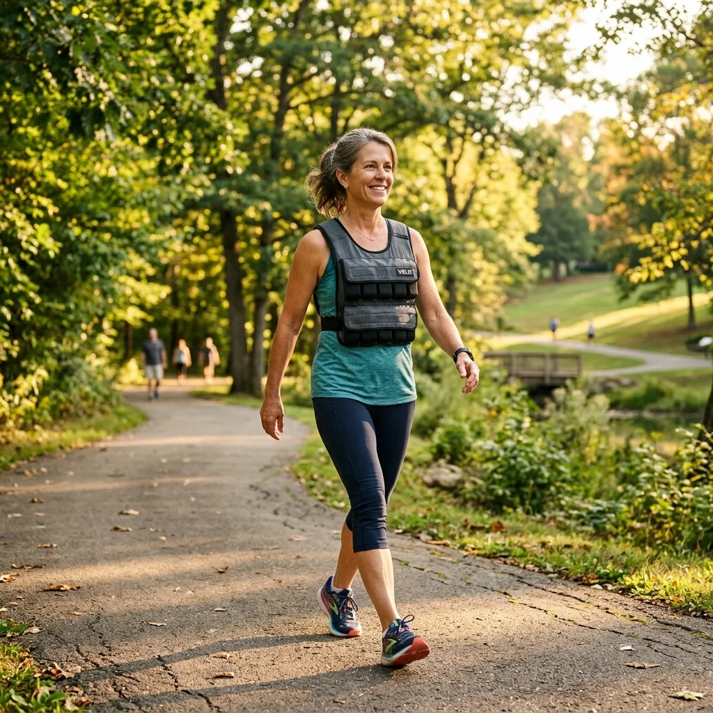 Woman demonstrating proper upright posture while walking with a lightweight weighted vest in a park