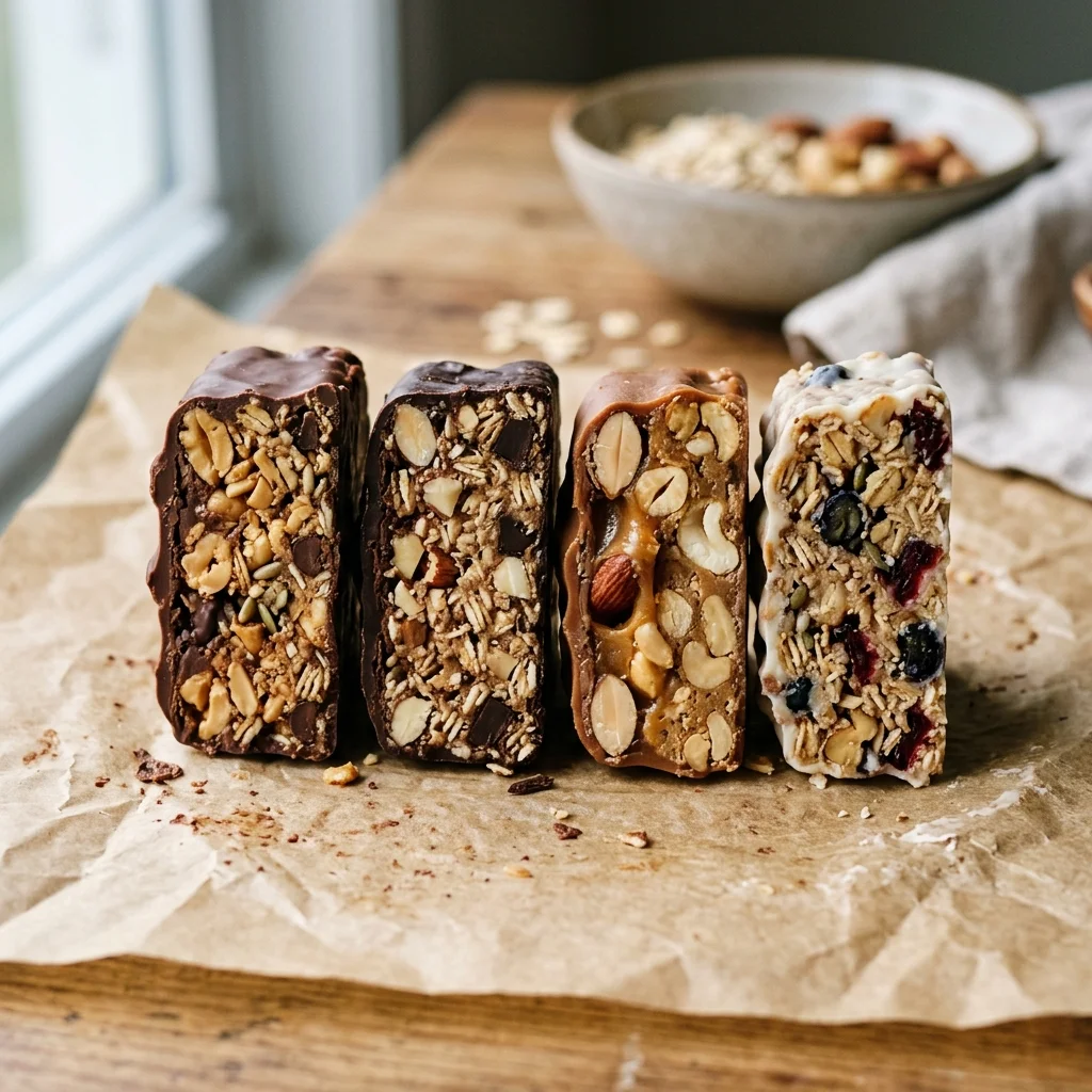 Cross-section view of various protein bars showing internal layers and textures