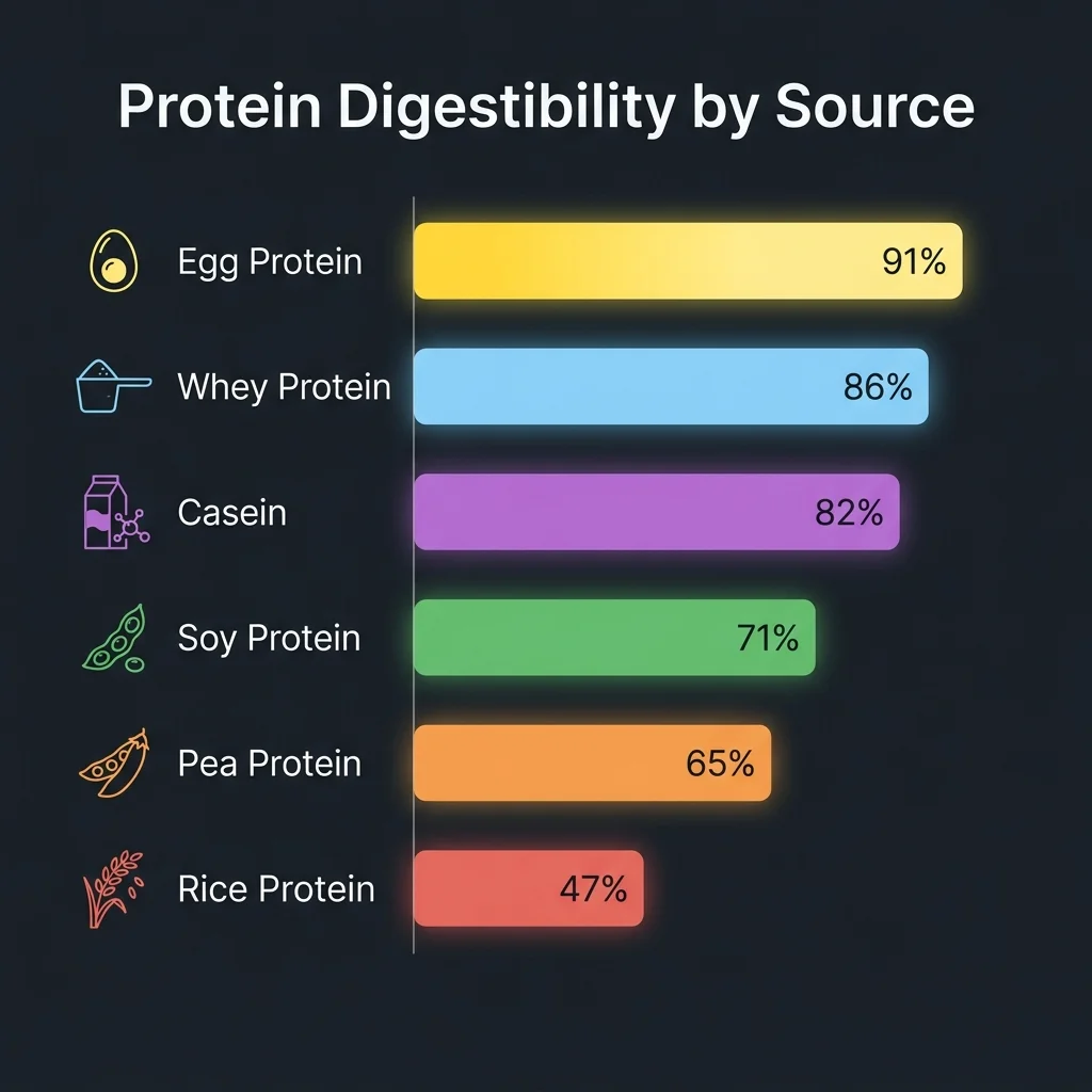 Infographic comparing protein digestibility percentages across whey, casein, egg, soy, pea, and rice protein sources