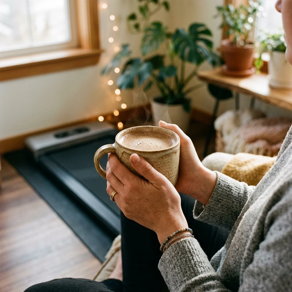Hands holding a warm protein drink with a walking pad visible in the soft background