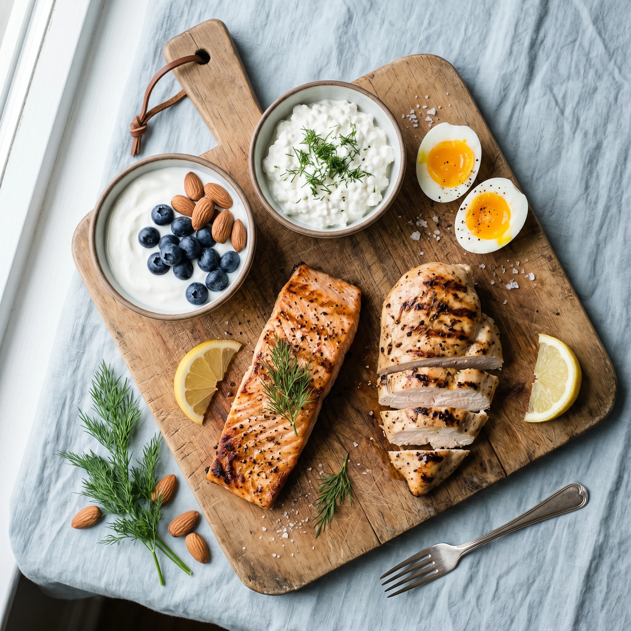 High-protein foods including salmon, Greek yogurt, almonds, chicken, cottage cheese, and eggs on a wooden cutting board