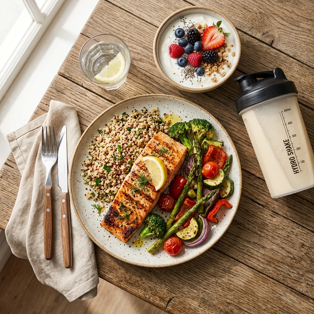 High-protein meal plate with grilled salmon, quinoa, and vegetables representing the protein-first eating approach recommended for GLP-1 medication users