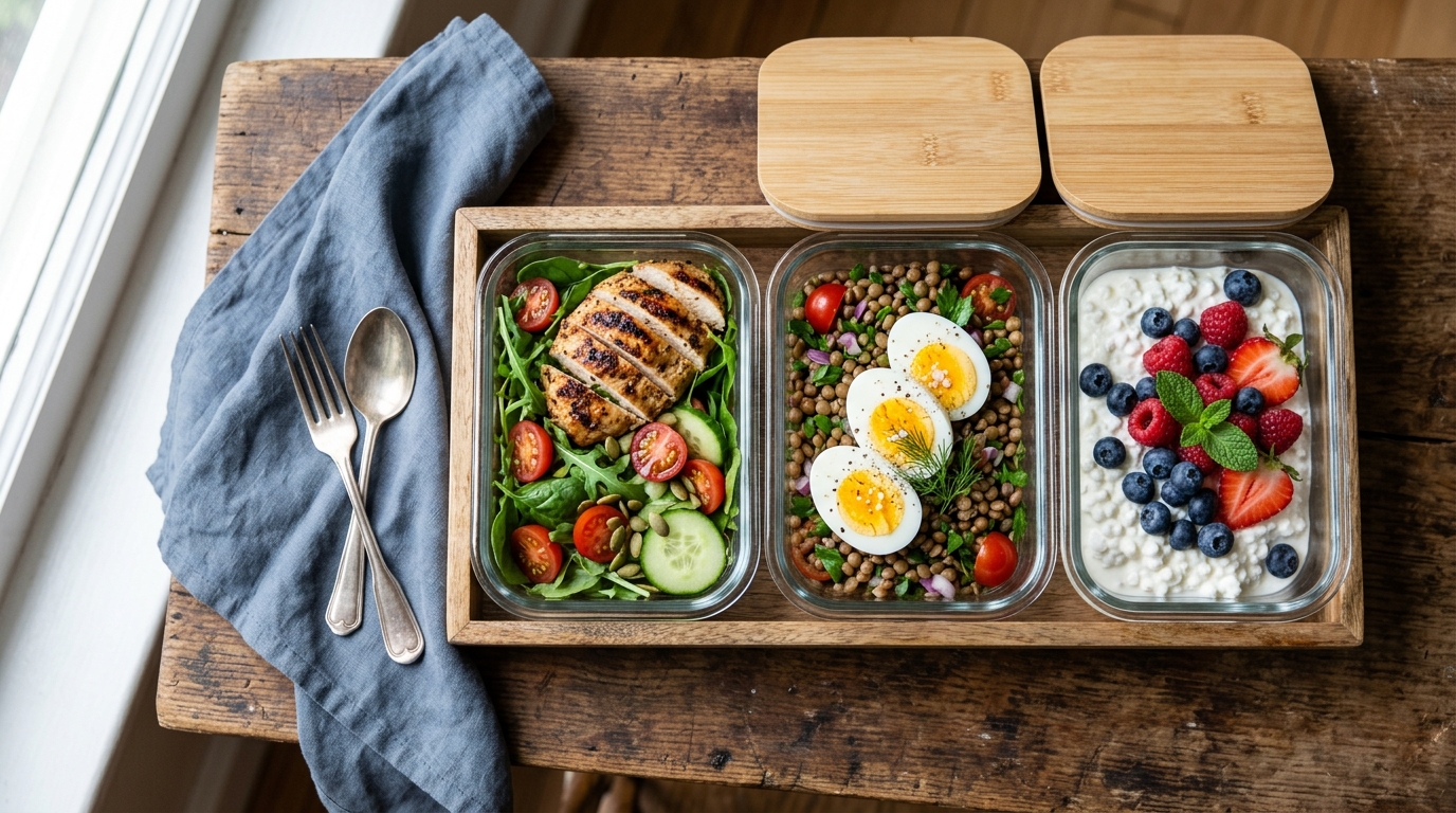 Three high-protein meal-prep containers viewed from above on a wooden tray