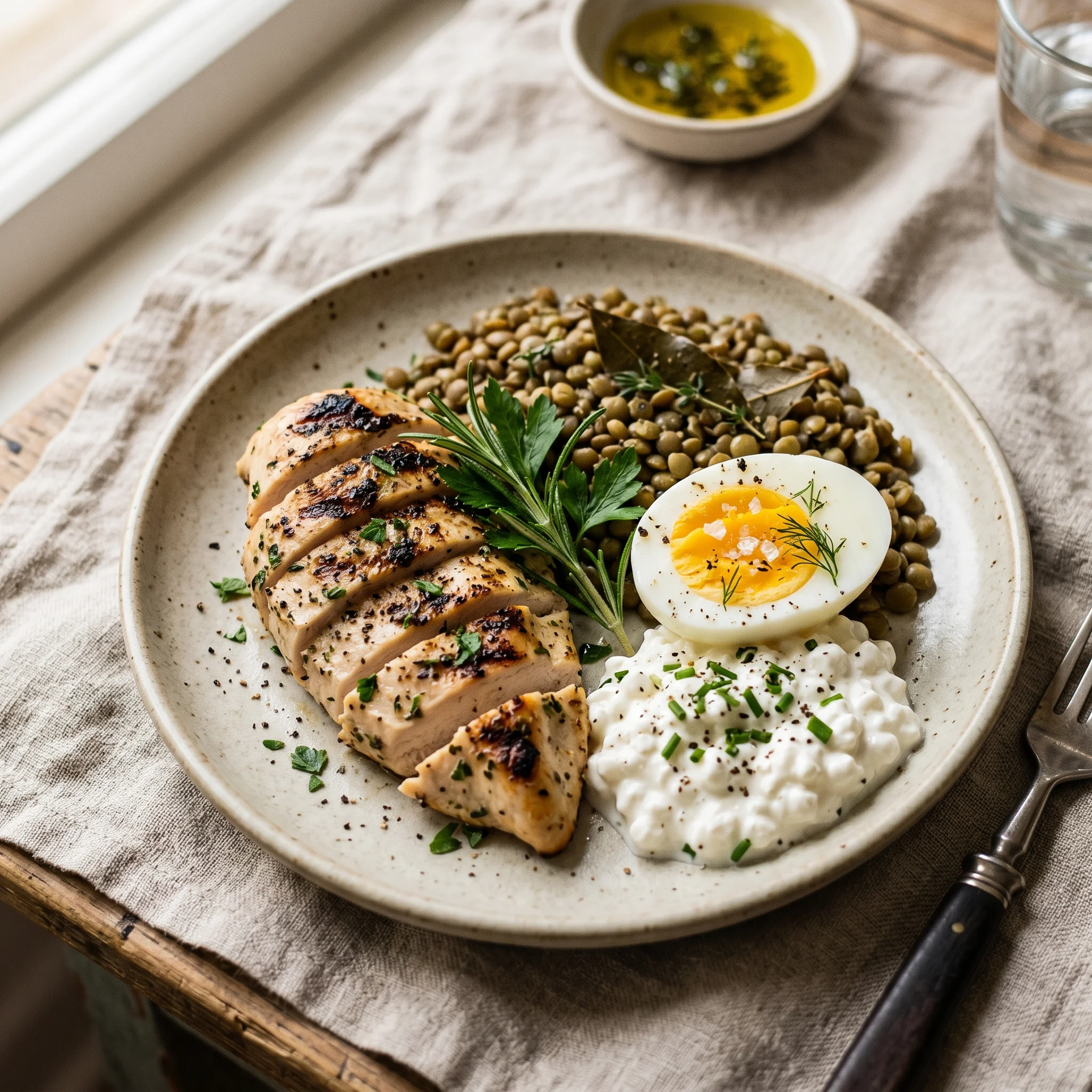 High-protein plate with chicken, lentils, egg and cottage cheese, illustrating dietary support during semaglutide treatment