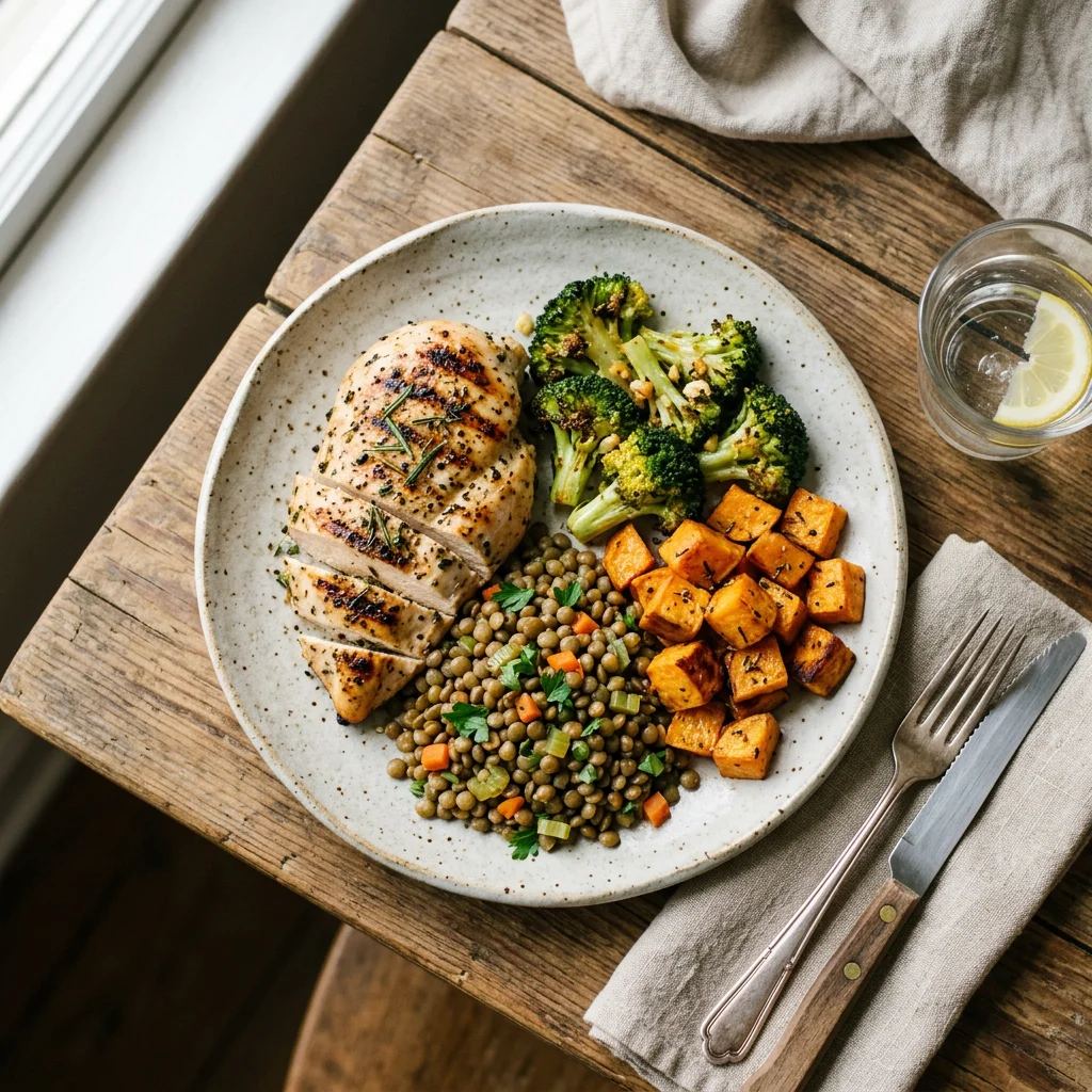 An overhead shot of a high-protein plate with chicken, lentils, broccoli, sweet potato, and water — illustrating the protein-forward eating pattern that protects lean mass during GLP-1 weight loss.