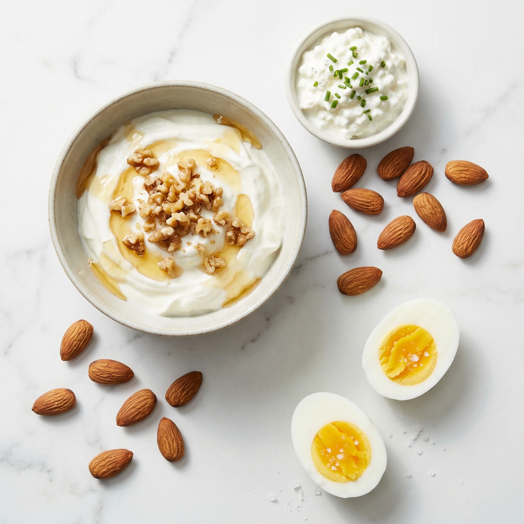 Bowl of Greek yogurt topped with walnuts beside a small dish of cottage cheese and a handful of almonds on a marble surface