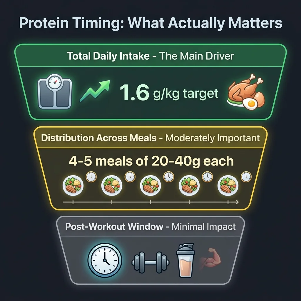 Three-tier pyramid infographic showing protein timing priorities: total daily intake matters most, meal distribution matters somewhat, post-workout window matters least