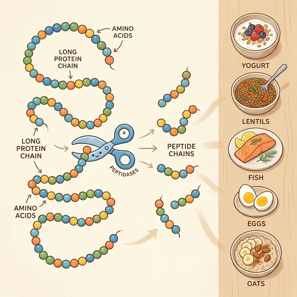 Illustration of dietary proteins being broken into smaller peptide chains from common foods