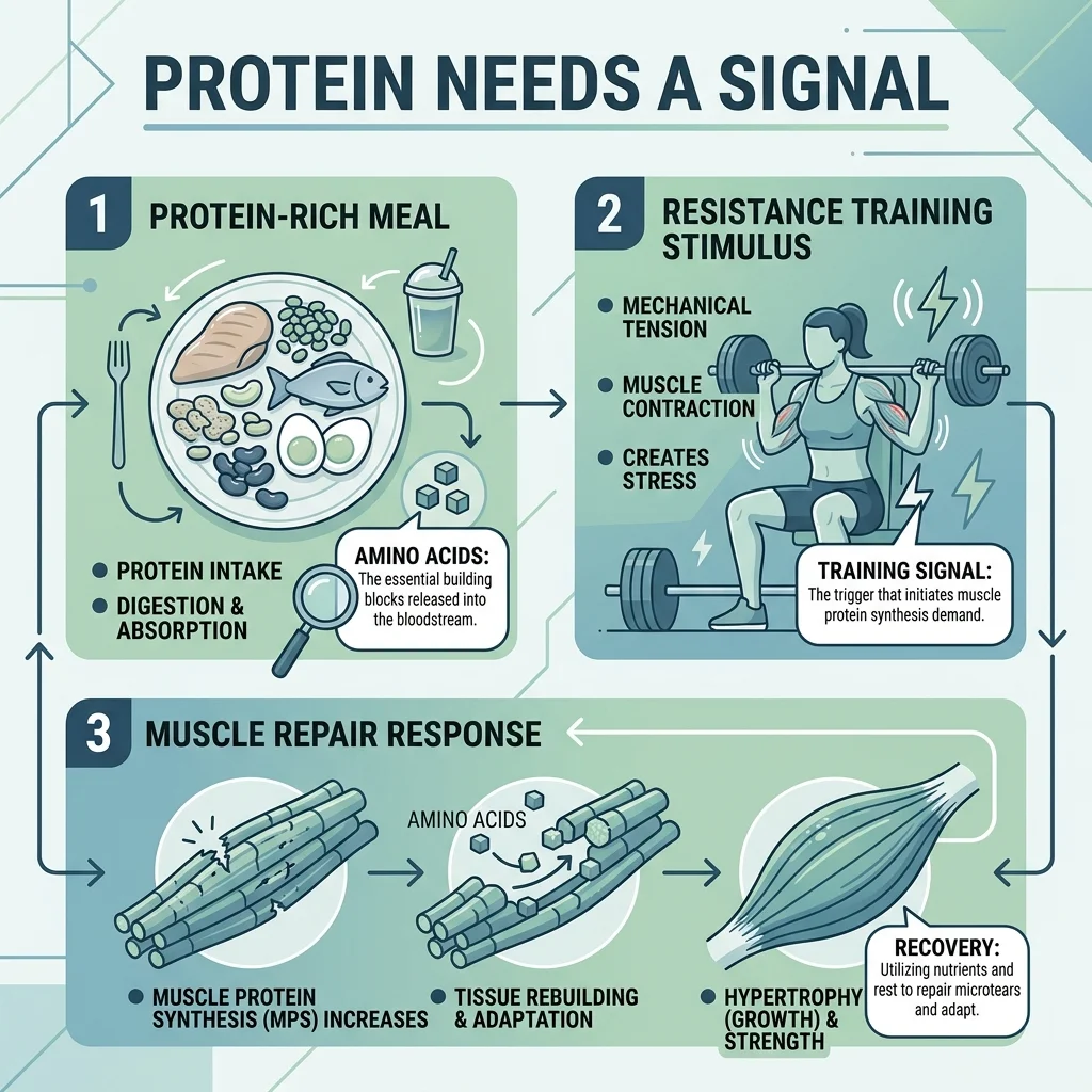 Infographic showing how protein, training, and recovery work together for muscle repair