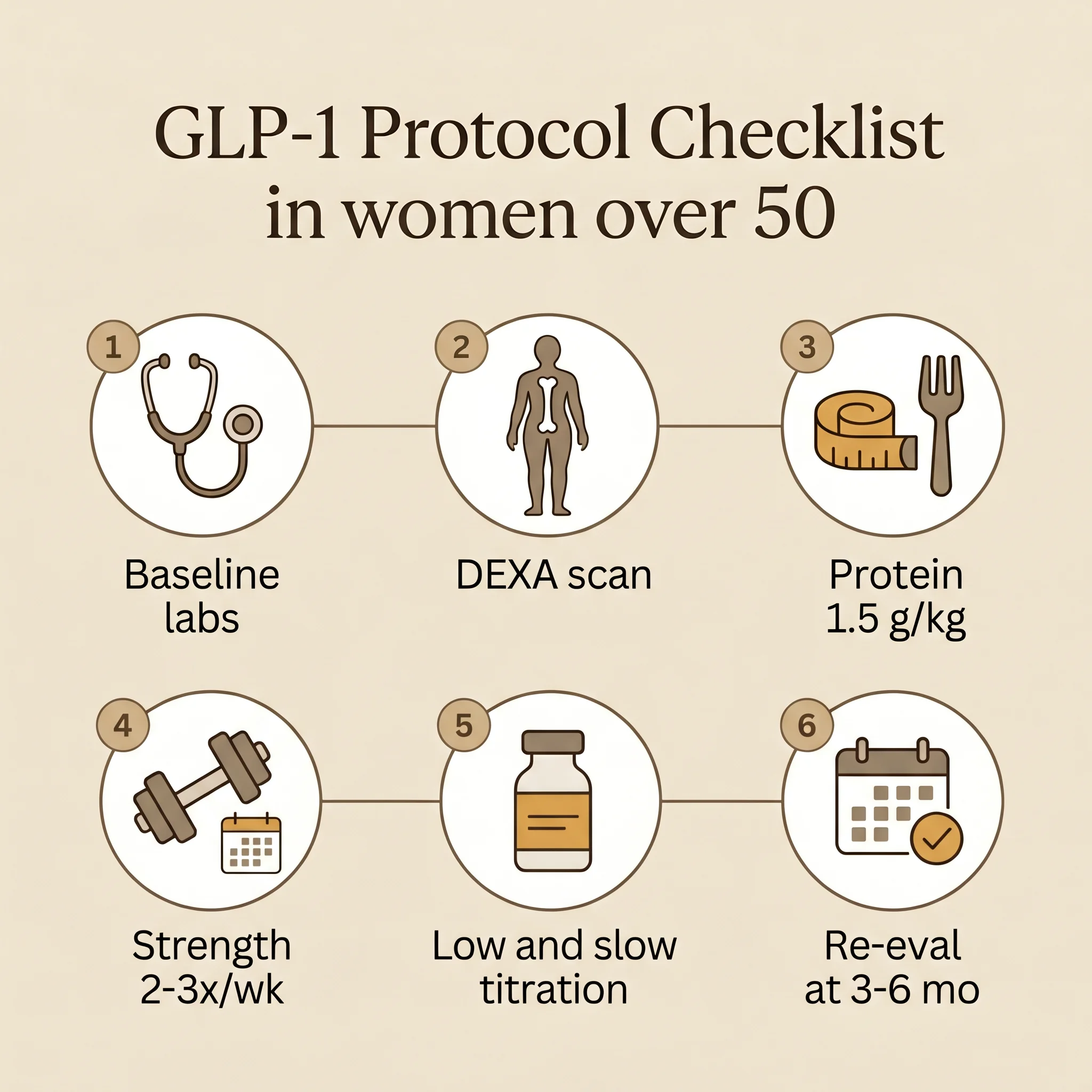 Six-step protocol infographic for women over 50 starting GLP-1 peptides: baseline labs, DEXA scan, protein, strength training, low-and-slow titration, and reassessment at three to six months