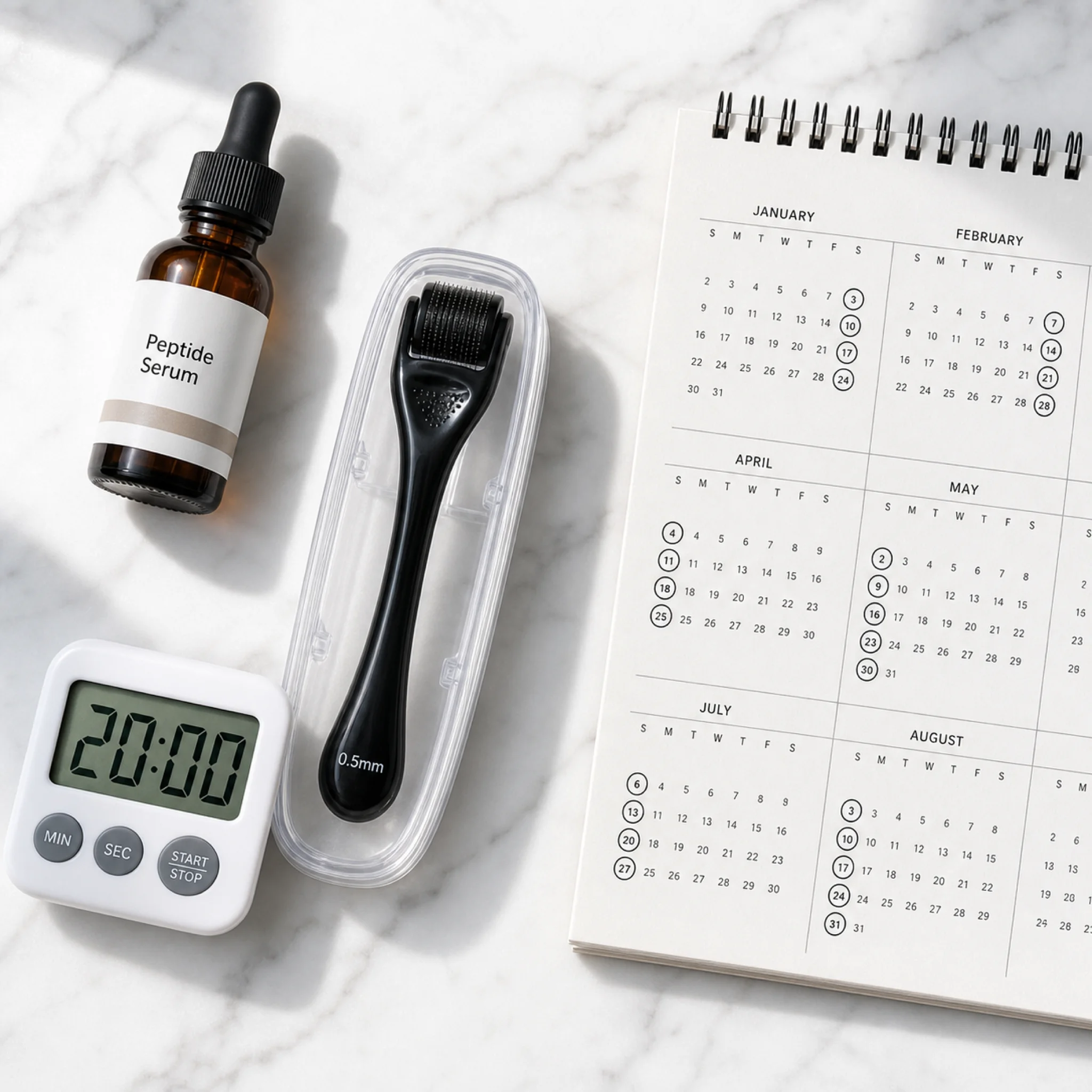 Hair loss treatment protocol items including peptide serum bottle, dermaroller, and treatment schedule