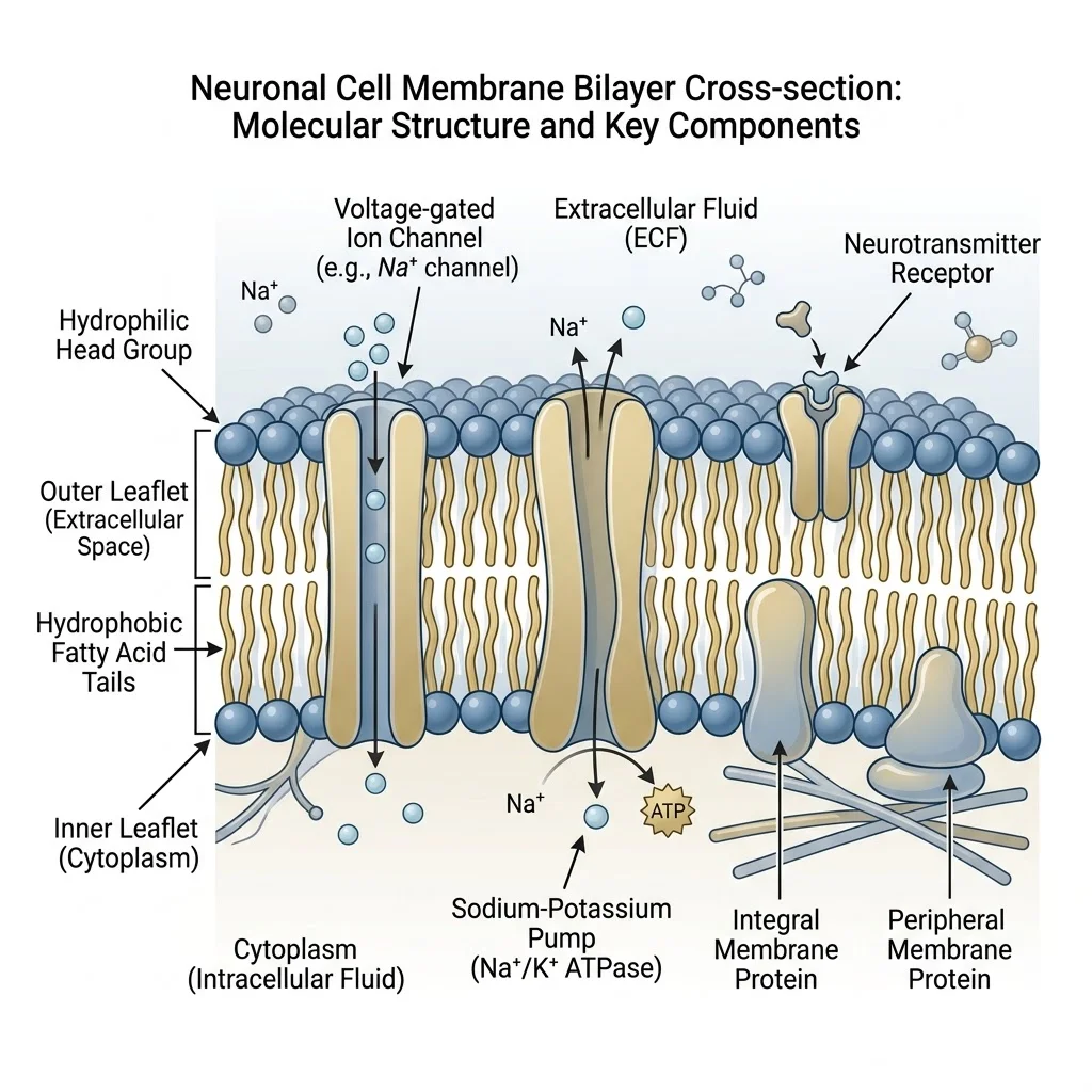 Cross-section illustration of a neuronal cell membrane showing phosphatidylserine molecules on the inner leaflet