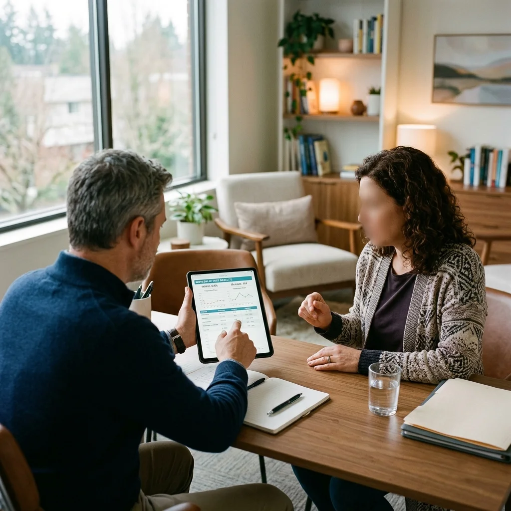 Psychiatrist and patient consulting over metabolic test results and treatment options in a modern clinic setting